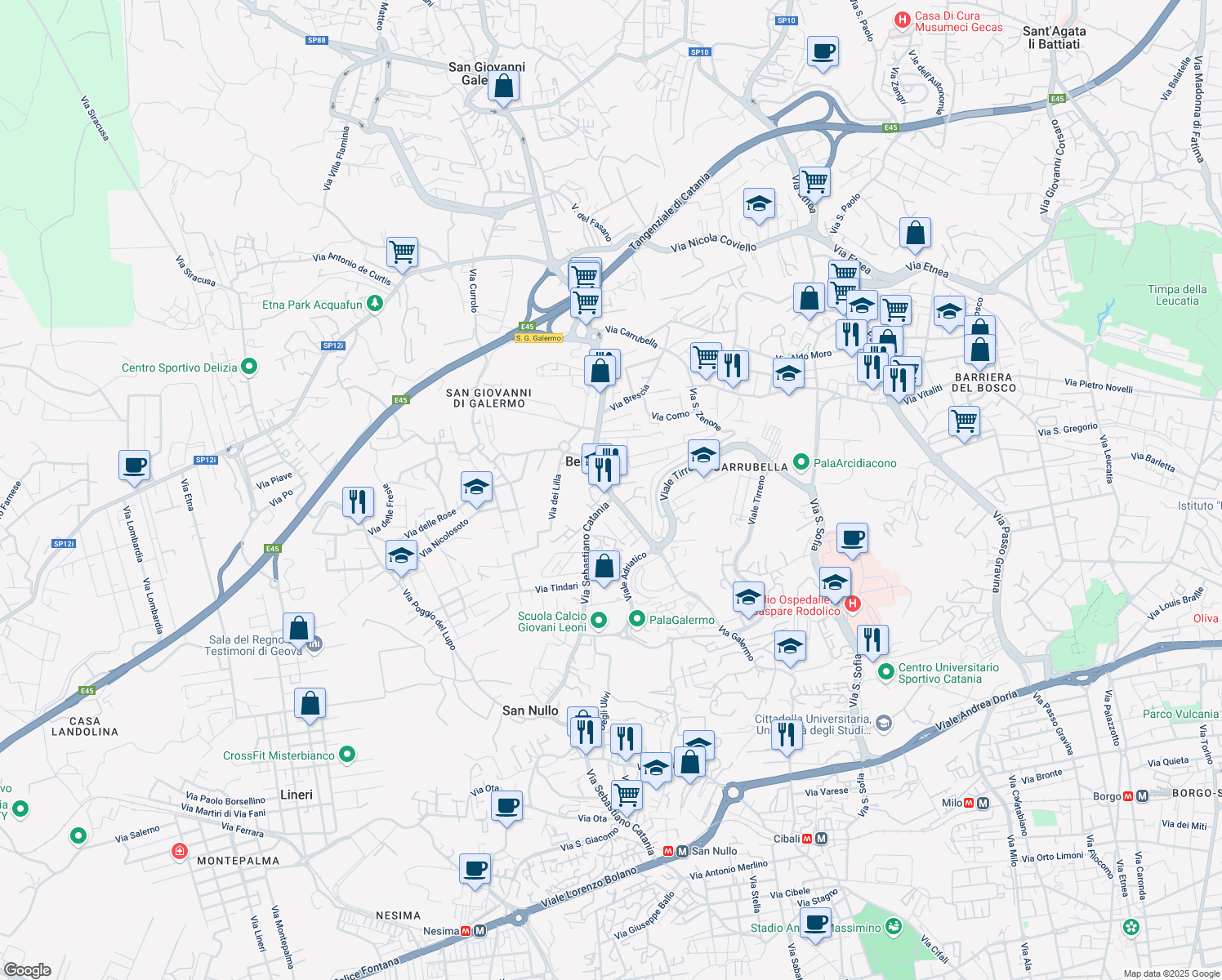 map of restaurants, bars, coffee shops, grocery stores, and more near 276 Via Galermo in Catania