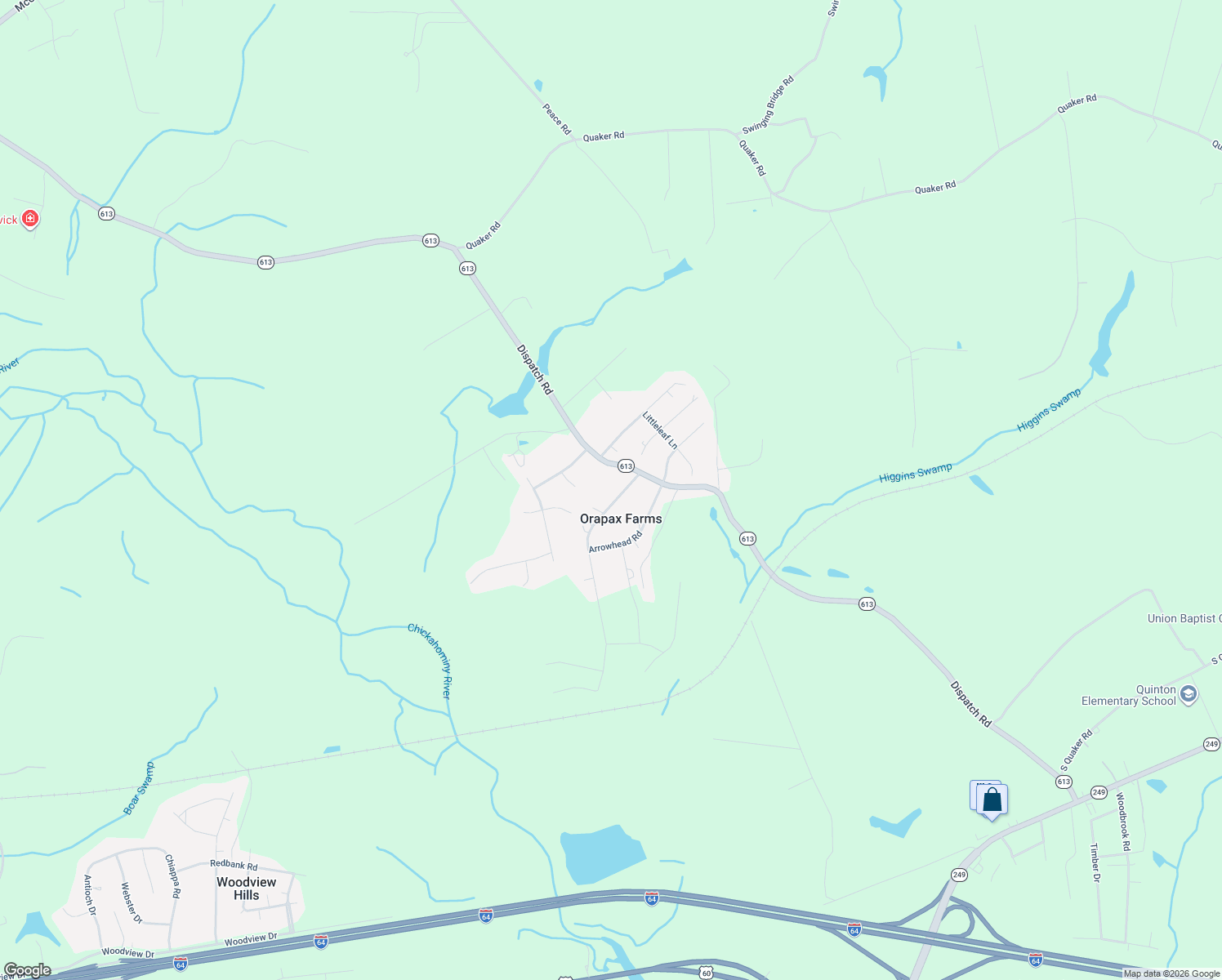 map of restaurants, bars, coffee shops, grocery stores, and more near 8828 Black Creek Road in Quinton