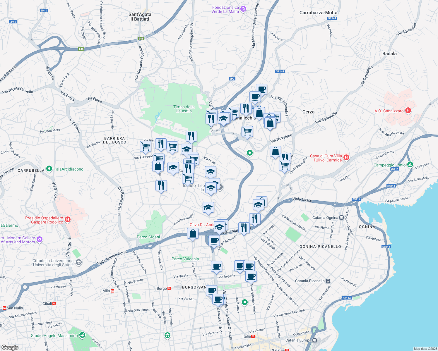 map of restaurants, bars, coffee shops, grocery stores, and more near 62 Via G. Arimondi in Catania