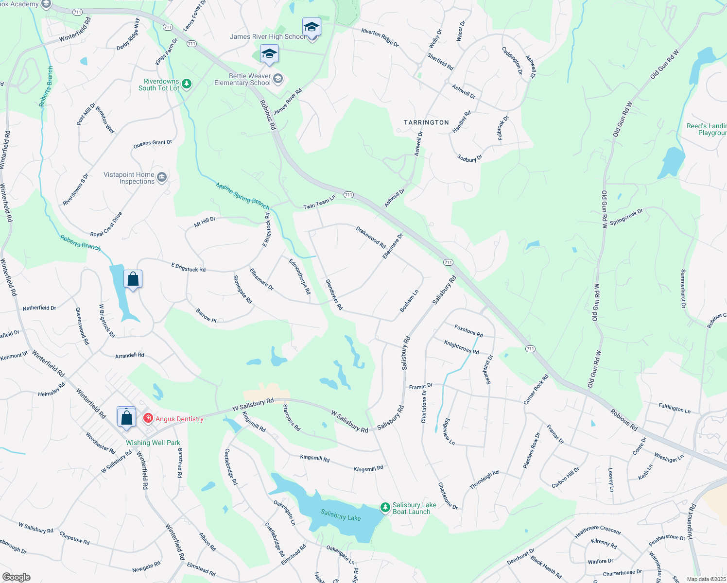 map of restaurants, bars, coffee shops, grocery stores, and more near 2941 Ellesmere Drive in Midlothian