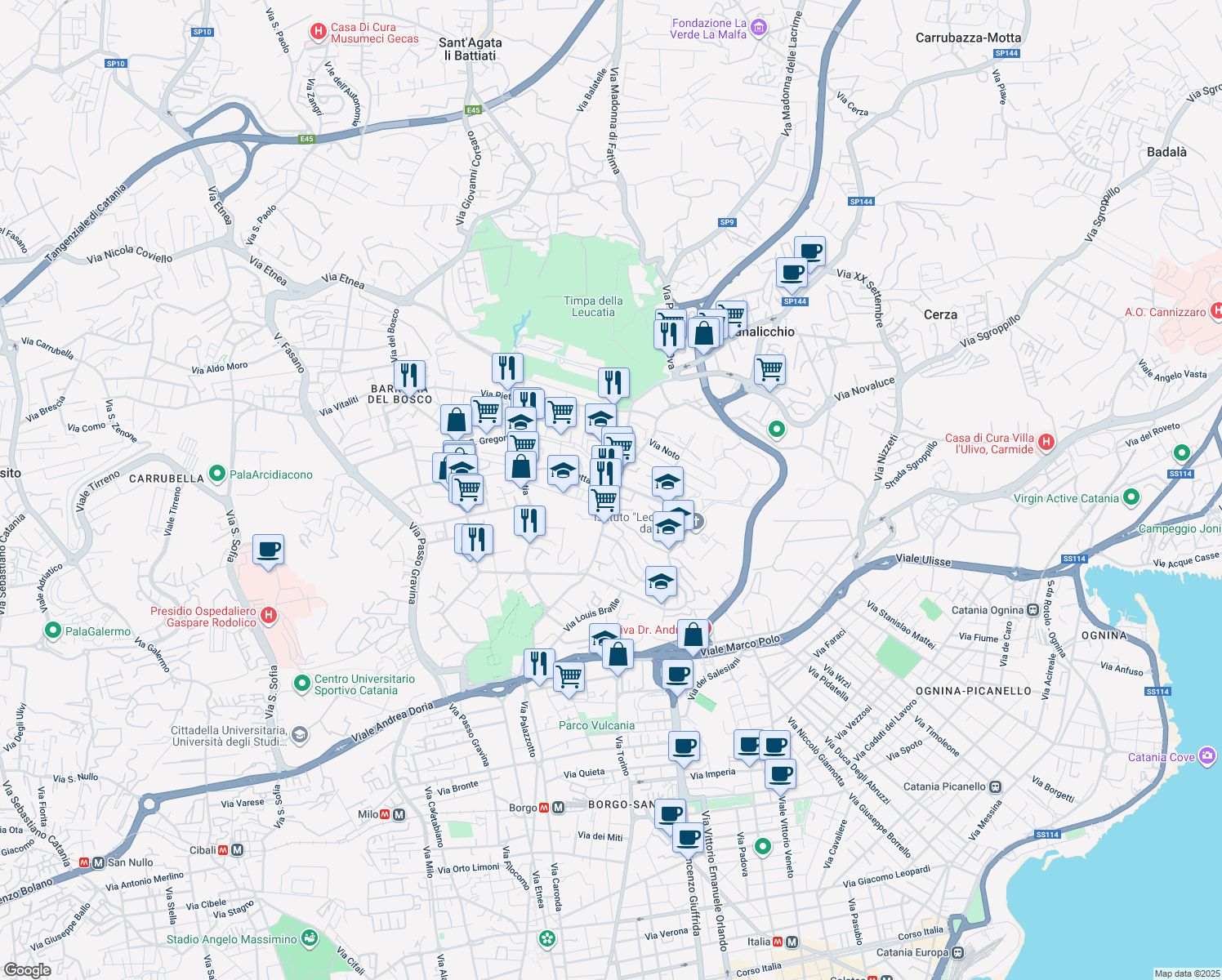map of restaurants, bars, coffee shops, grocery stores, and more near 57 Via Pietra dell'Ova in Catania