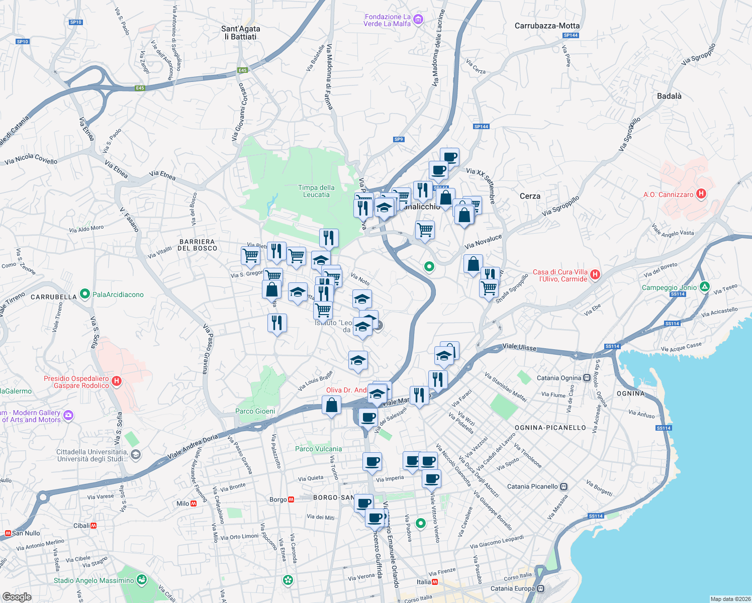 map of restaurants, bars, coffee shops, grocery stores, and more near 62 Via G. Arimondi in Catania