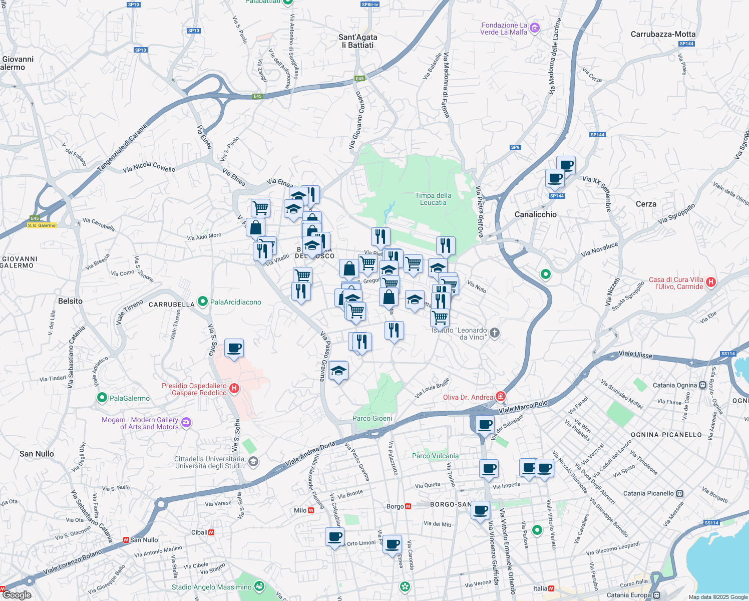 map of restaurants, bars, coffee shops, grocery stores, and more near 34 Via della Paglia in Catania