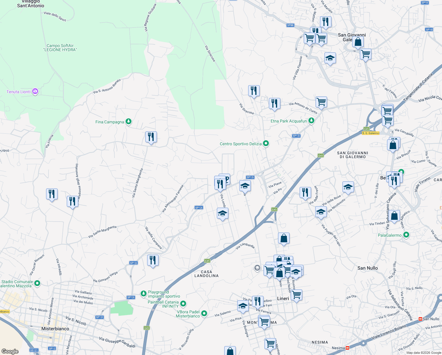 map of restaurants, bars, coffee shops, grocery stores, and more near 20 Via Serra Belvedere in Misterbianco