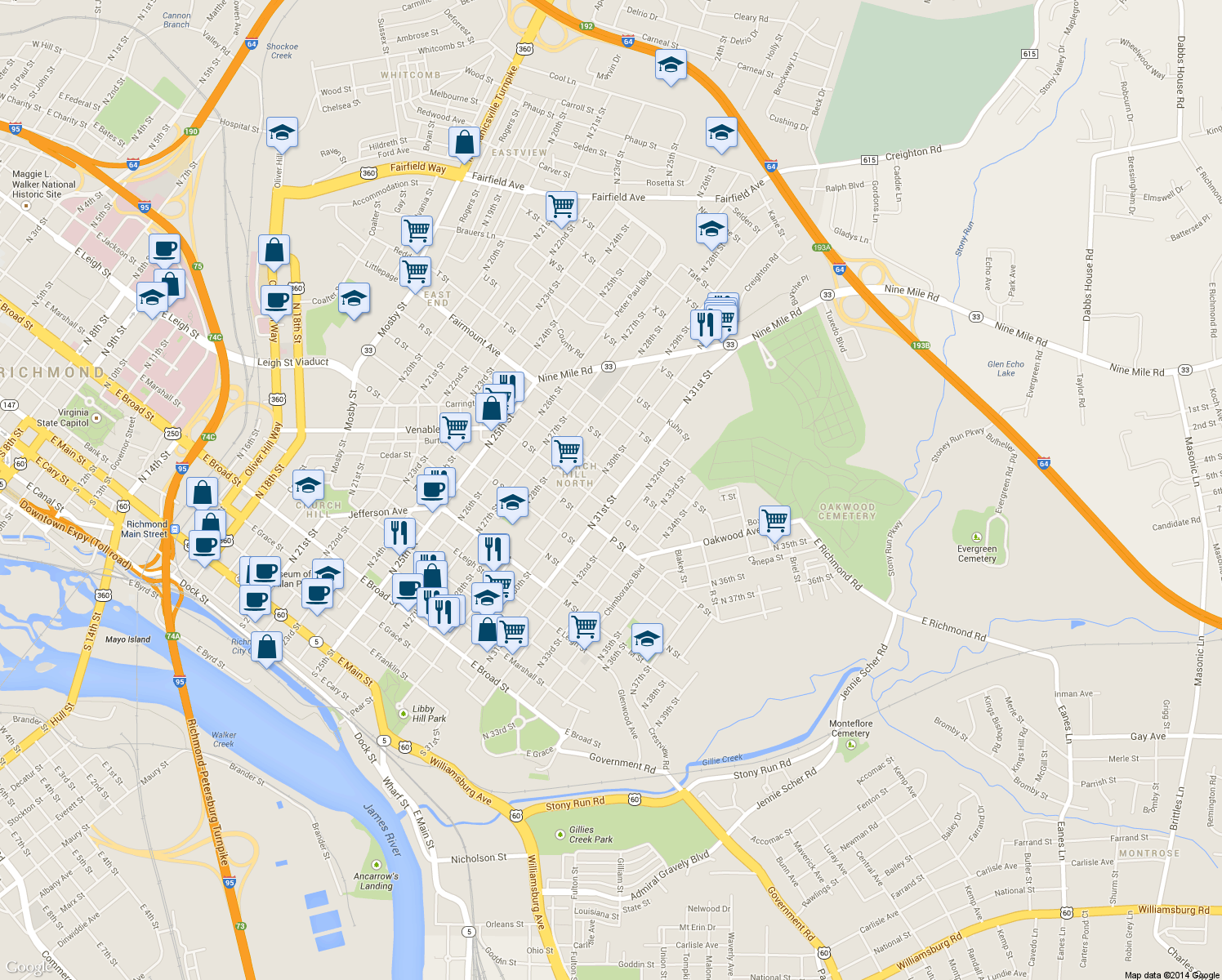 map of restaurants, bars, coffee shops, grocery stores, and more near 1114 North 31st Street in Richmond