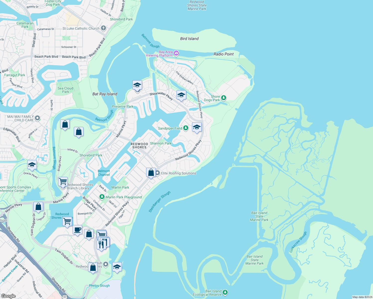 map of restaurants, bars, coffee shops, grocery stores, and more near 843 Columbia Circle in Redwood City