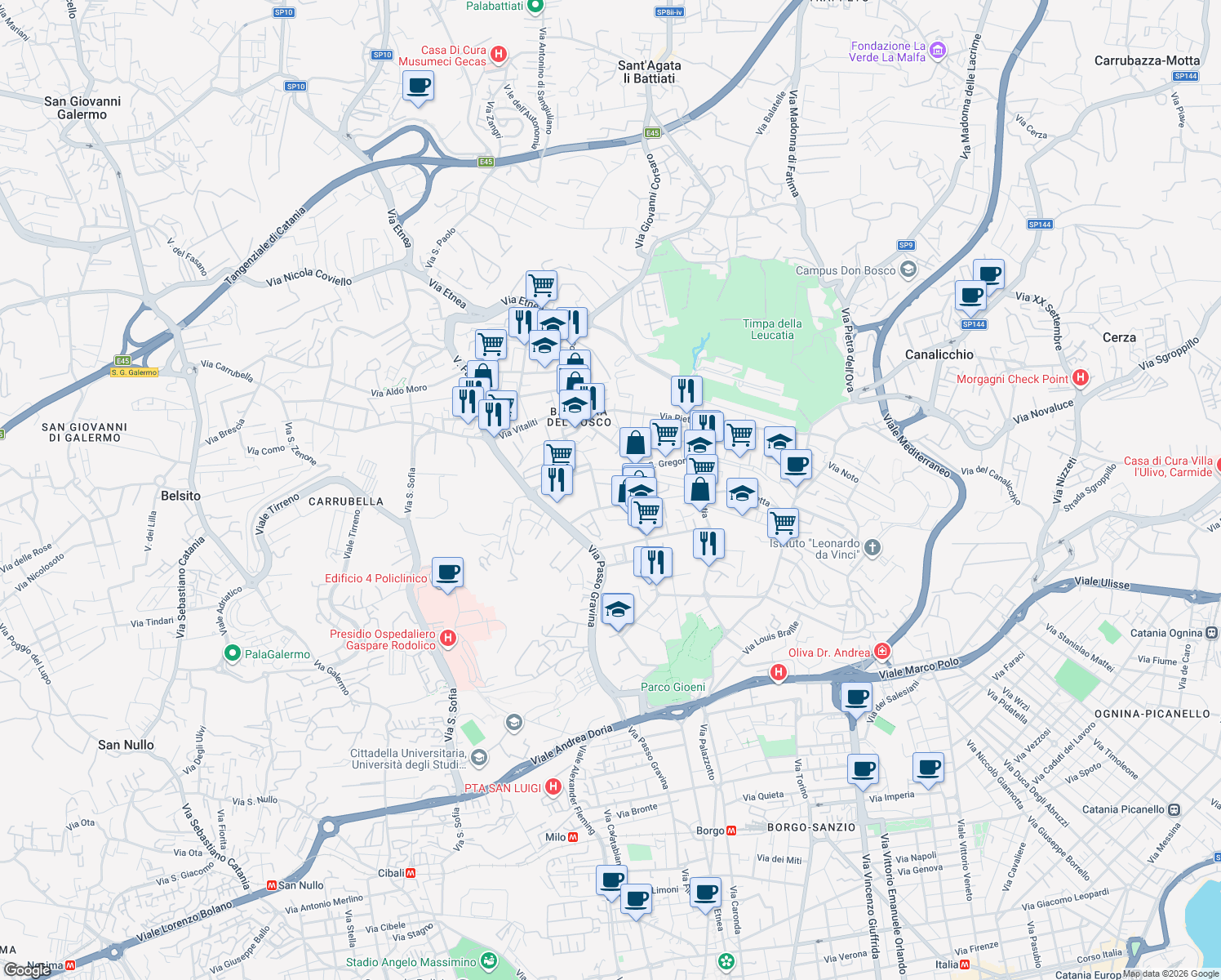 map of restaurants, bars, coffee shops, grocery stores, and more near 29 Via Francesco Guglielmino in Catania