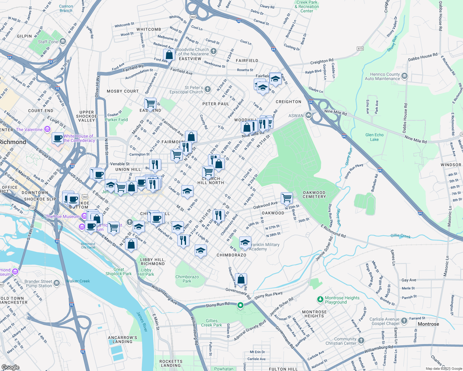 map of restaurants, bars, coffee shops, grocery stores, and more near 1201 North 31st Street in Richmond