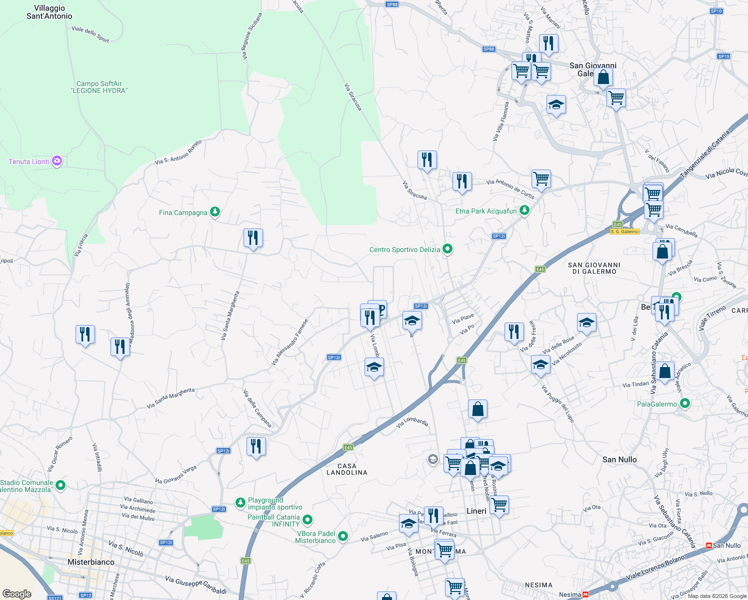map of restaurants, bars, coffee shops, grocery stores, and more near 20 Via Serra Belvedere in Misterbianco