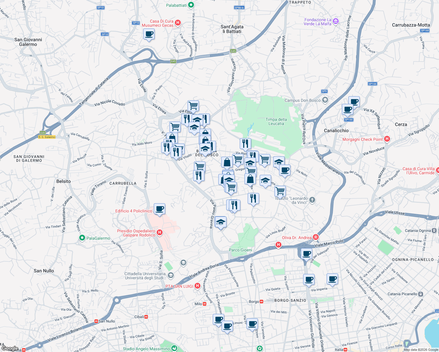 map of restaurants, bars, coffee shops, grocery stores, and more near 29 Via Francesco Guglielmino in Catania