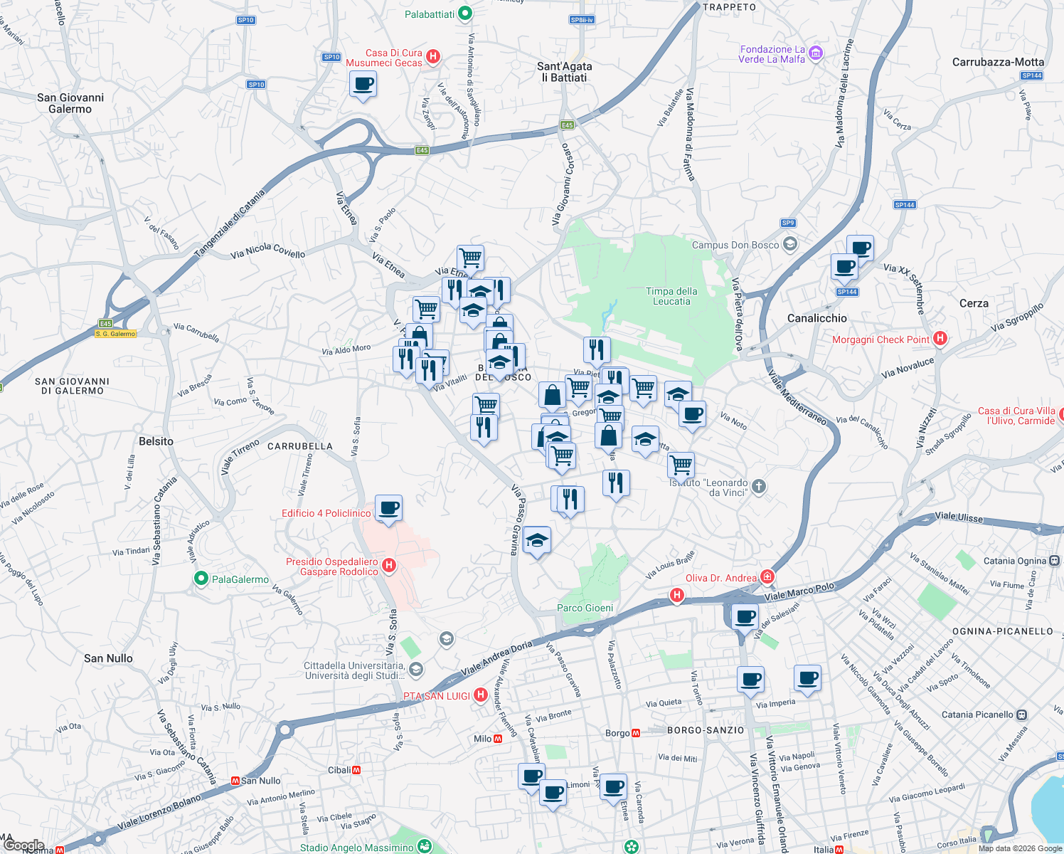 map of restaurants, bars, coffee shops, grocery stores, and more near 29 Via Francesco Guglielmino in Catania
