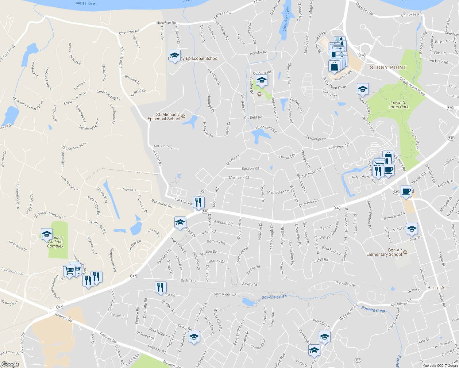 map of restaurants, bars, coffee shops, grocery stores, and more near 2930 Poyntelle Road in Richmond