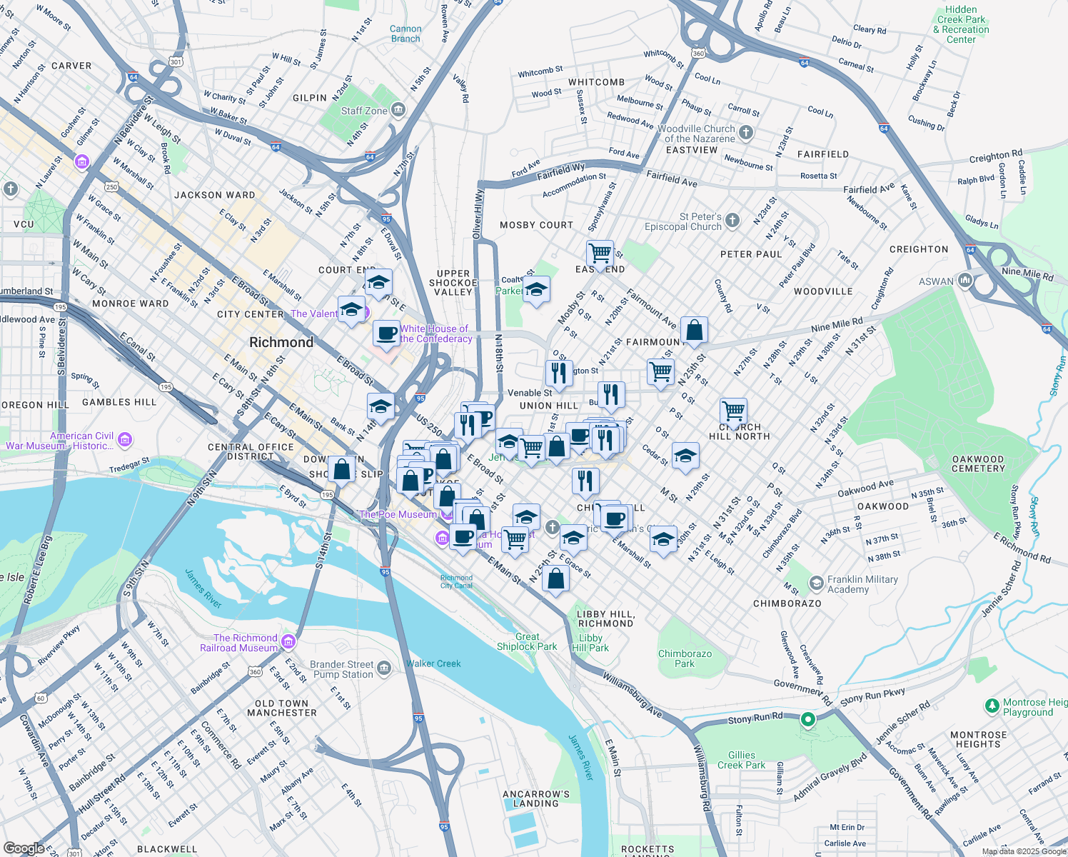 map of restaurants, bars, coffee shops, grocery stores, and more near 519 Mosby Street in Richmond