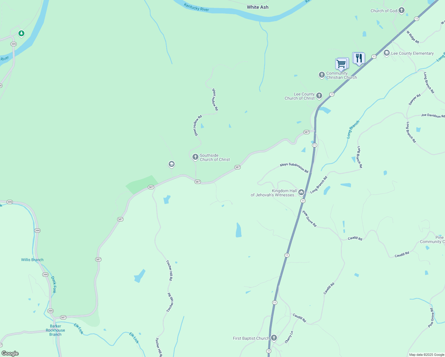 map of restaurants, bars, coffee shops, grocery stores, and more near 889 Kentucky 587 in Beattyville