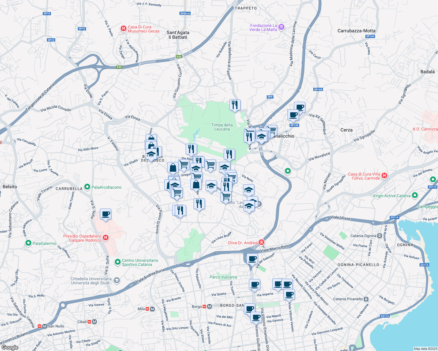 map of restaurants, bars, coffee shops, grocery stores, and more near 44 Via Puglia in Catania