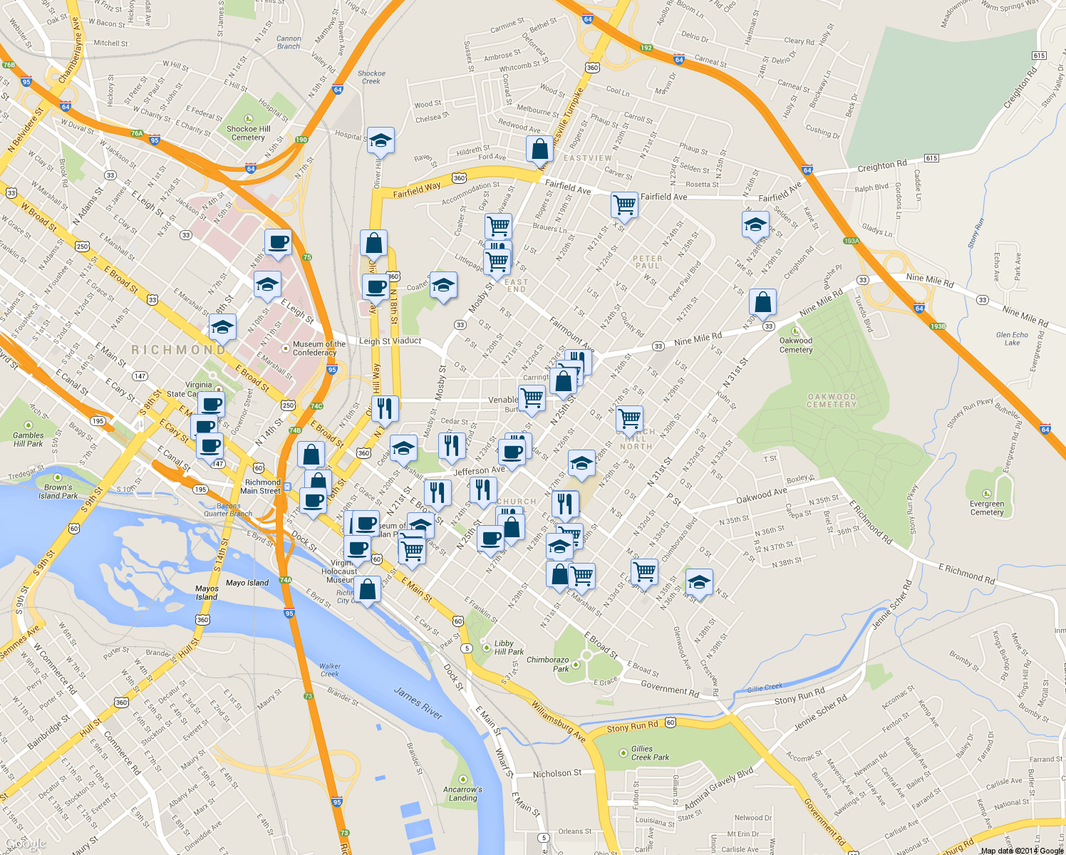 map of restaurants, bars, coffee shops, grocery stores, and more near 819 North 24th Street in Richmond