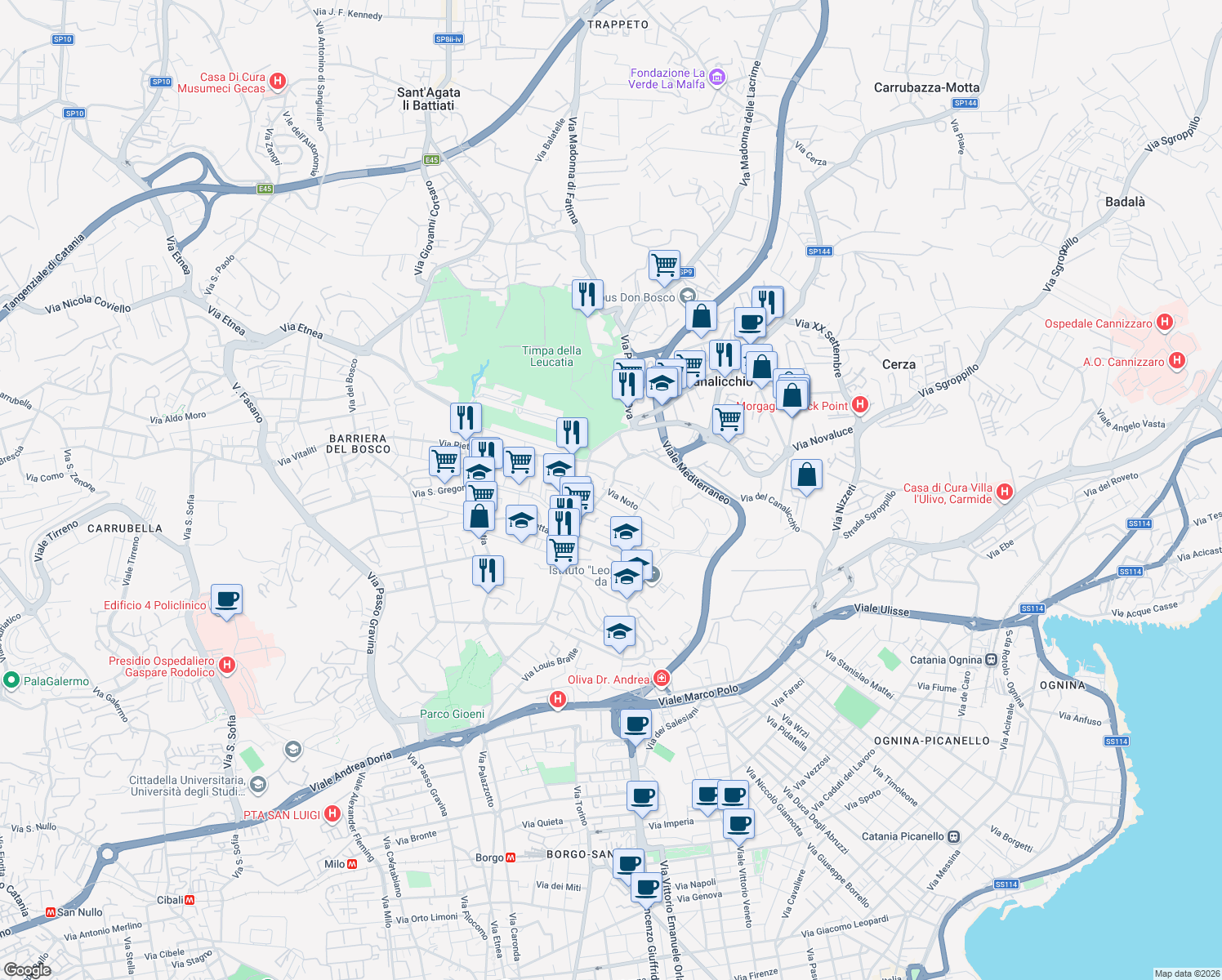 map of restaurants, bars, coffee shops, grocery stores, and more near 72 Via Ferro Fabiani in Catania