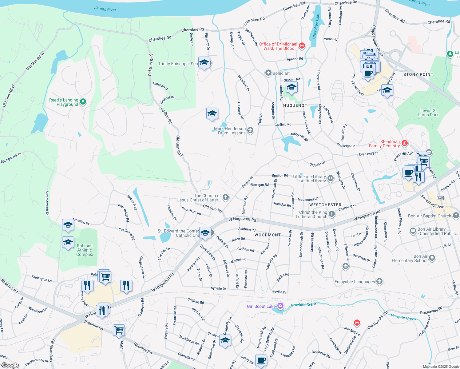 map of restaurants, bars, coffee shops, grocery stores, and more near 3361 Archer Springs Terrace in Richmond