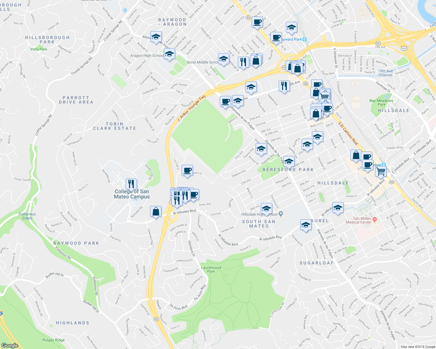 map of restaurants, bars, coffee shops, grocery stores, and more near 800 26th Avenue in San Mateo