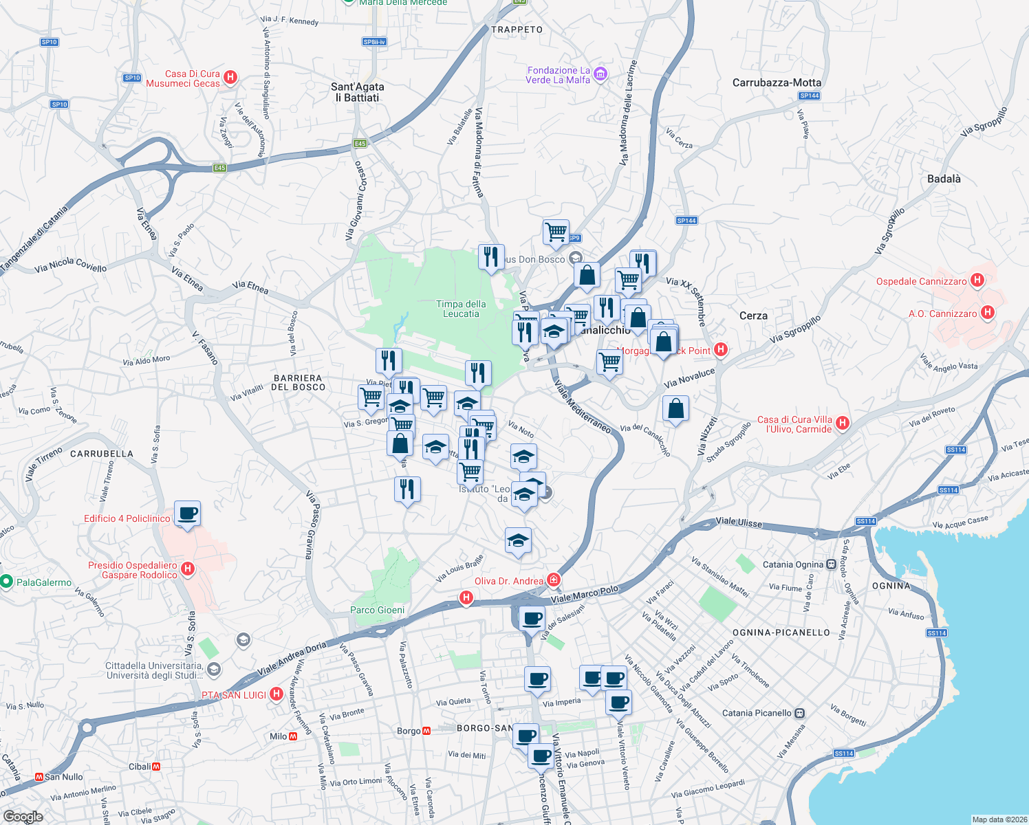 map of restaurants, bars, coffee shops, grocery stores, and more near 72 Via Ferro Fabiani in Catania