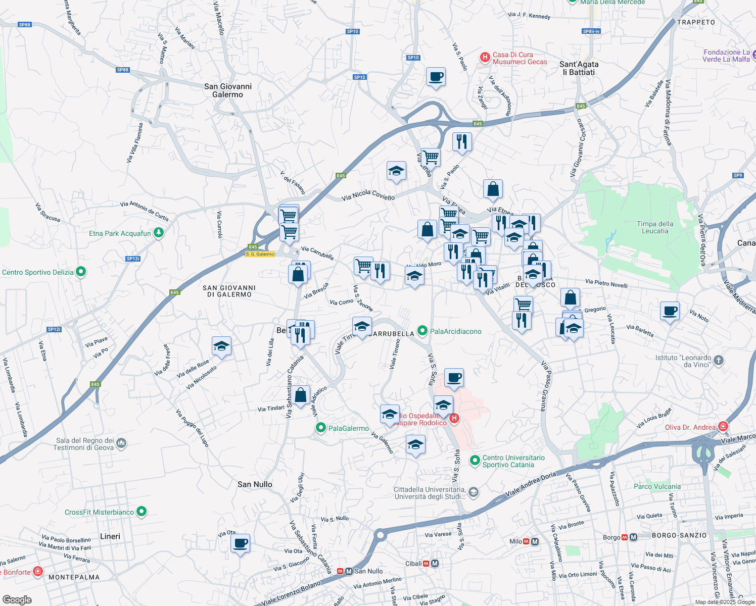 map of restaurants, bars, coffee shops, grocery stores, and more near 6 Via Giannutri in Catania