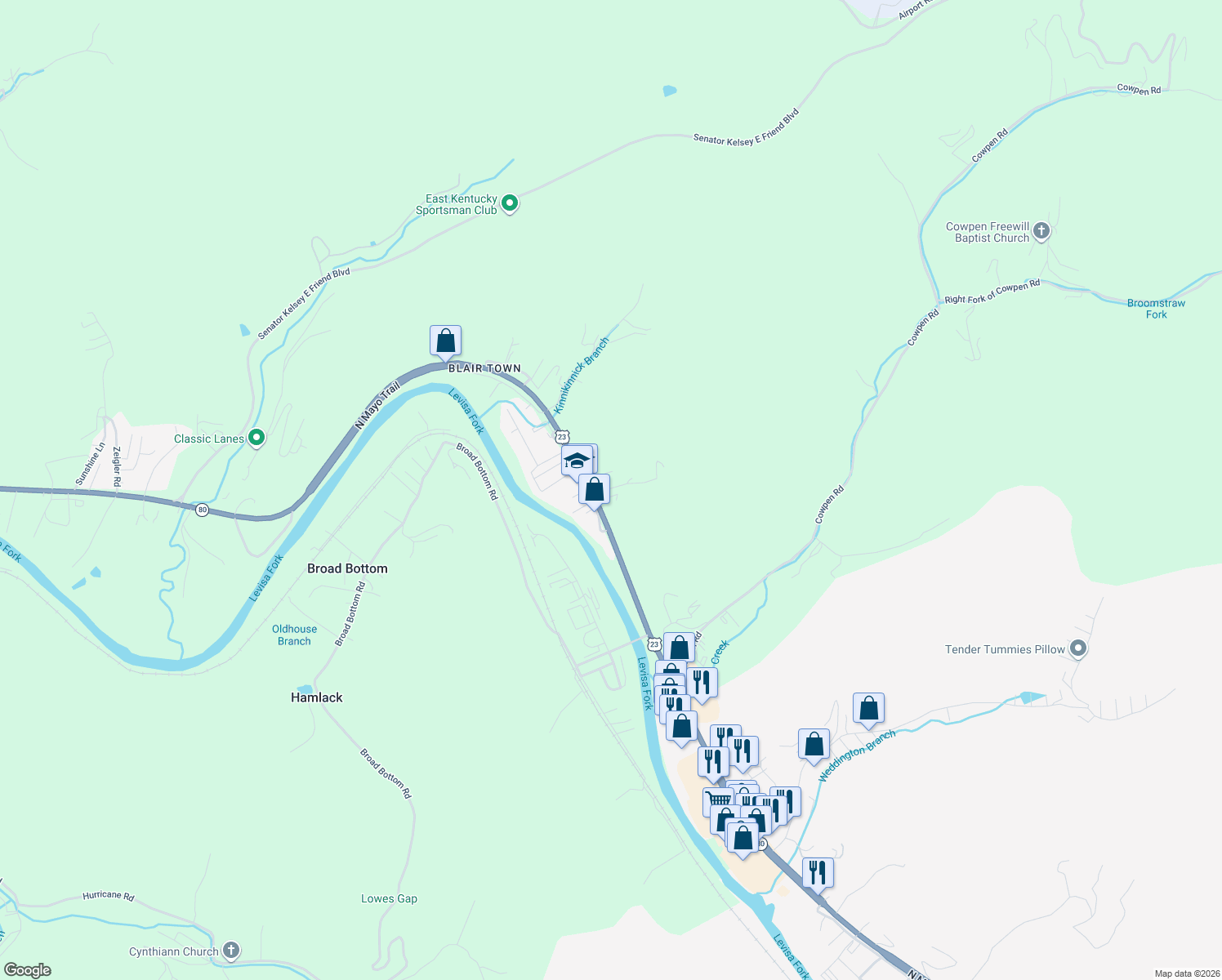 map of restaurants, bars, coffee shops, grocery stores, and more near Ratliff Rd in Pikeville