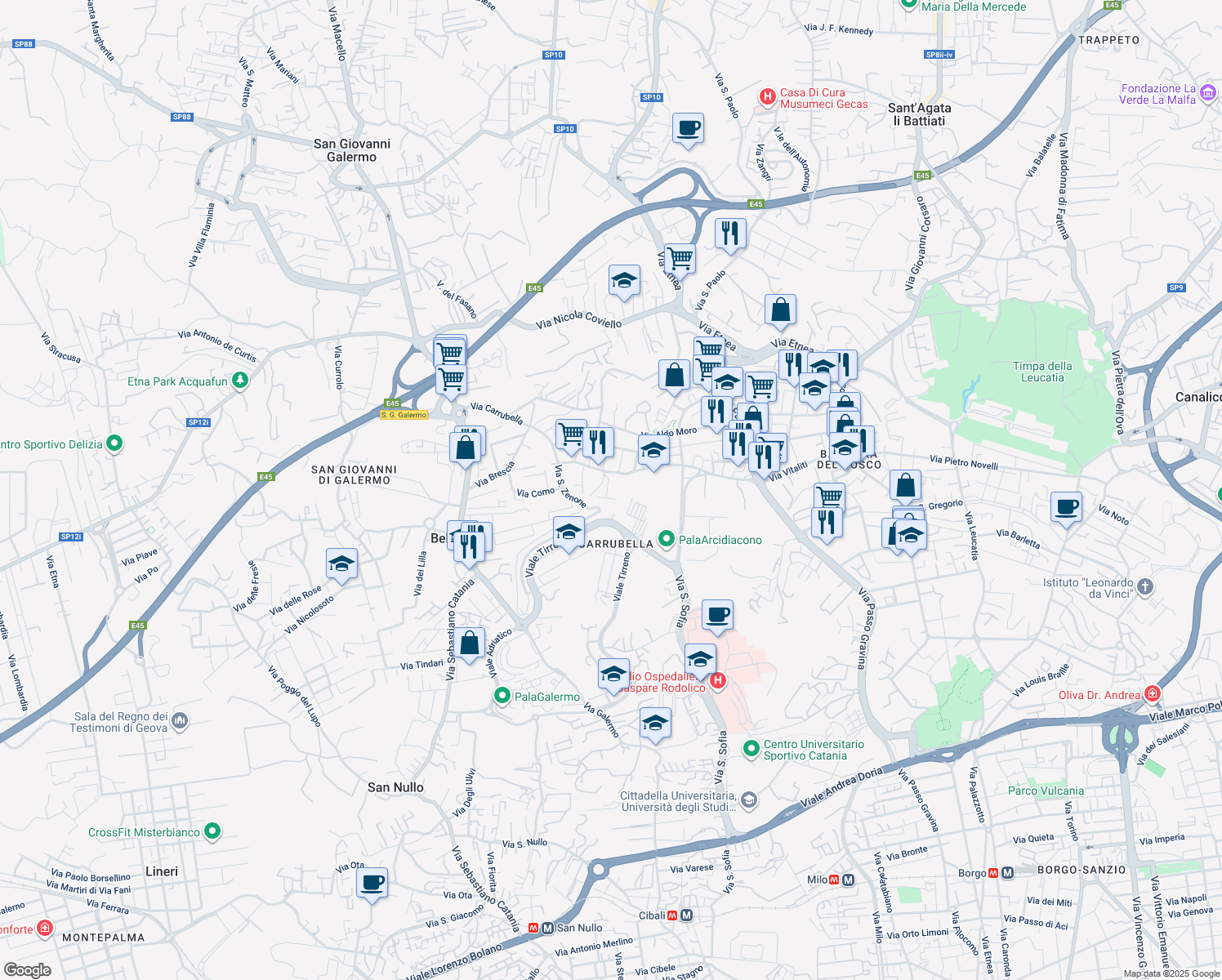 map of restaurants, bars, coffee shops, grocery stores, and more near 6 Via Giannutri in Catania