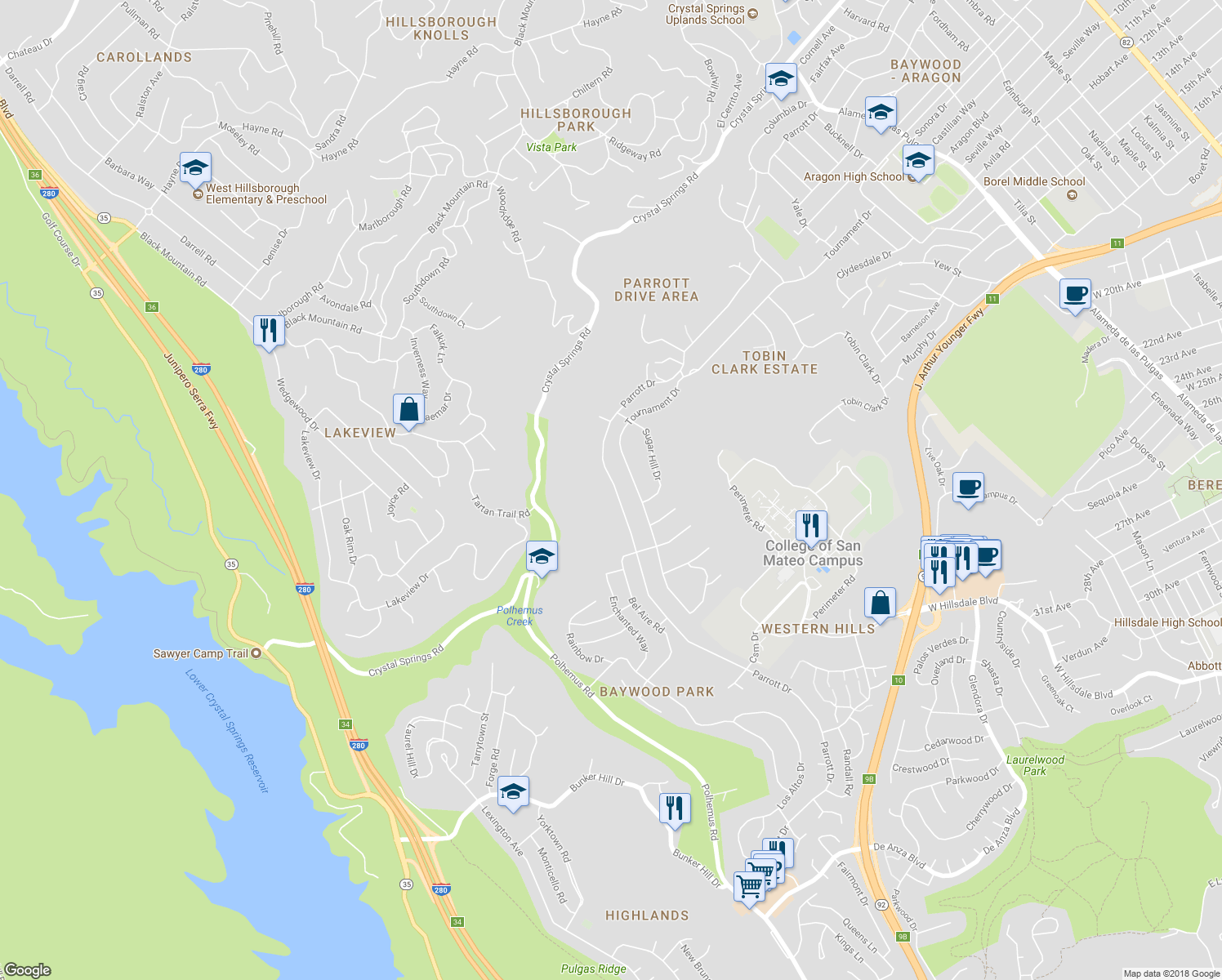 map of restaurants, bars, coffee shops, grocery stores, and more near 1136 Parrott Drive in San Mateo