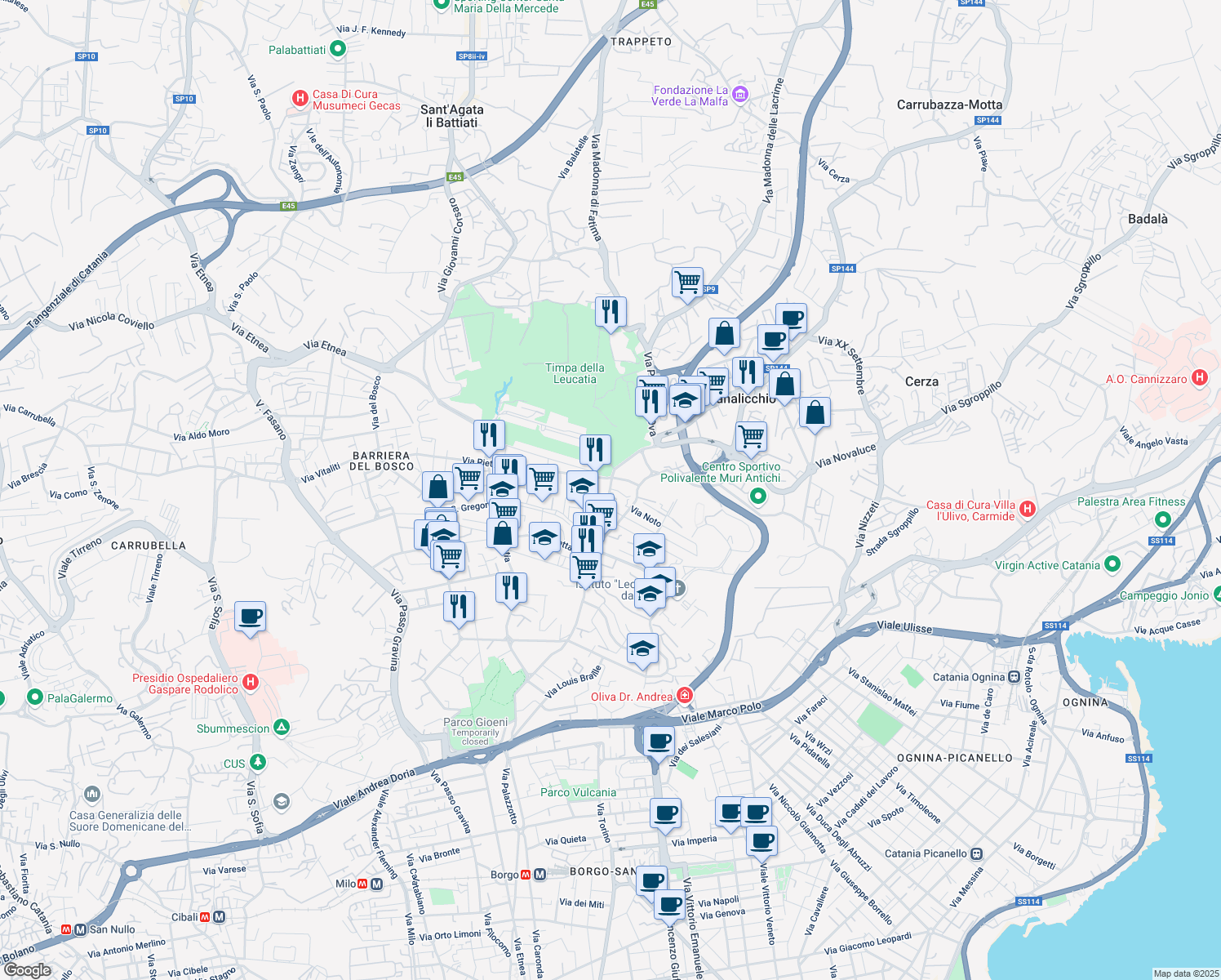 map of restaurants, bars, coffee shops, grocery stores, and more near 209 Via Pietra dell'Ova in Catania