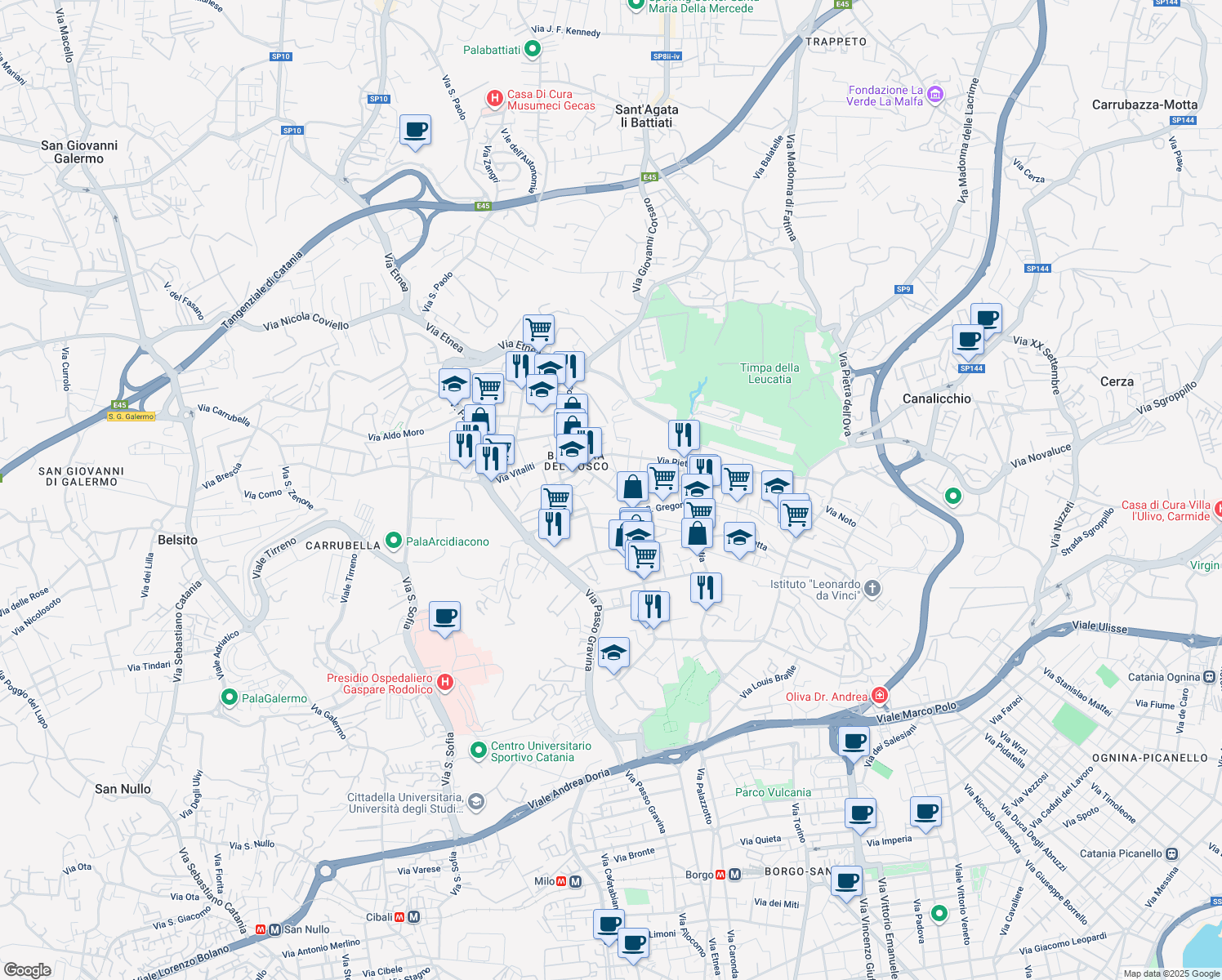 map of restaurants, bars, coffee shops, grocery stores, and more near 235 Via del Bosco in Catania