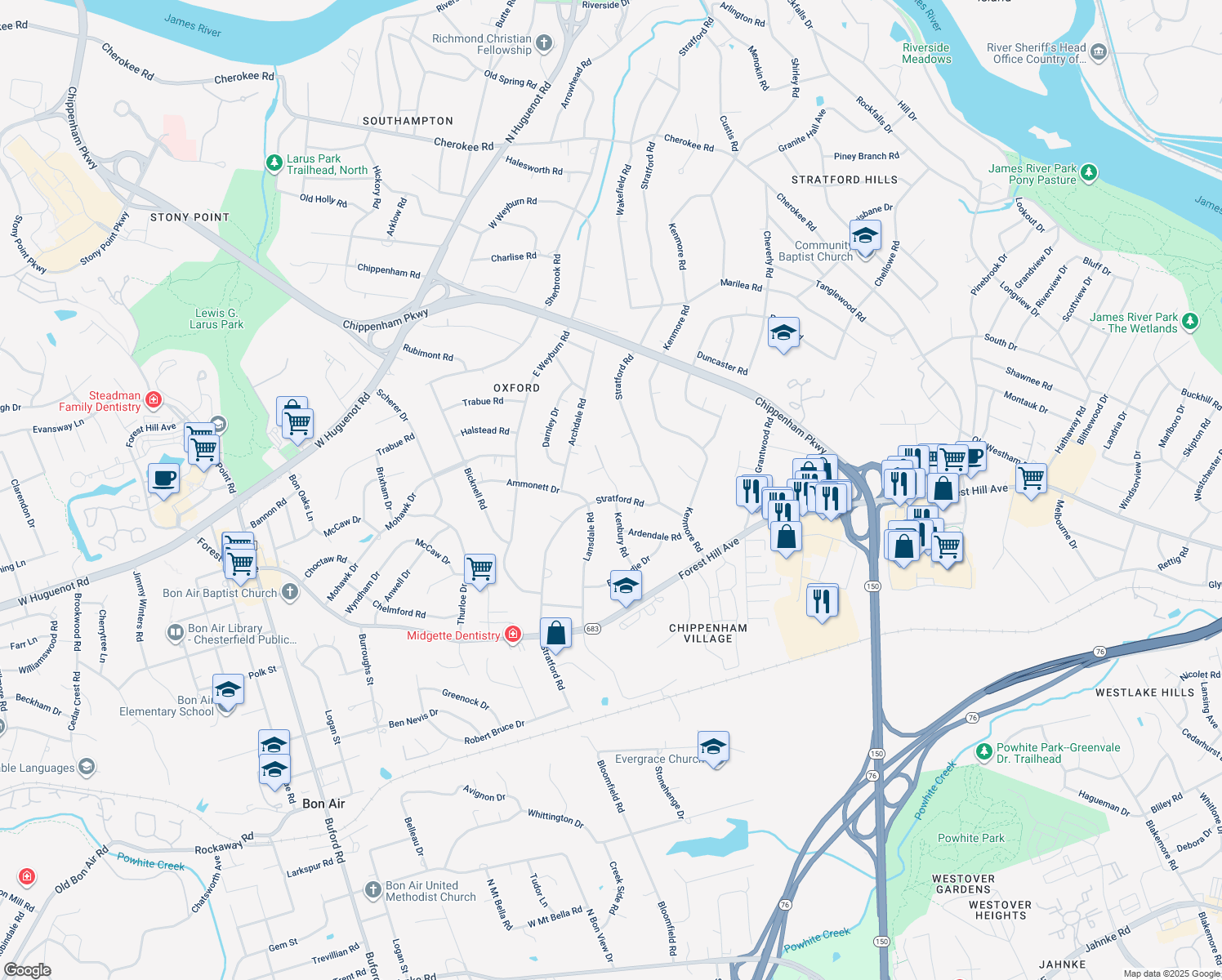 map of restaurants, bars, coffee shops, grocery stores, and more near 2750 Stratford Road in Richmond