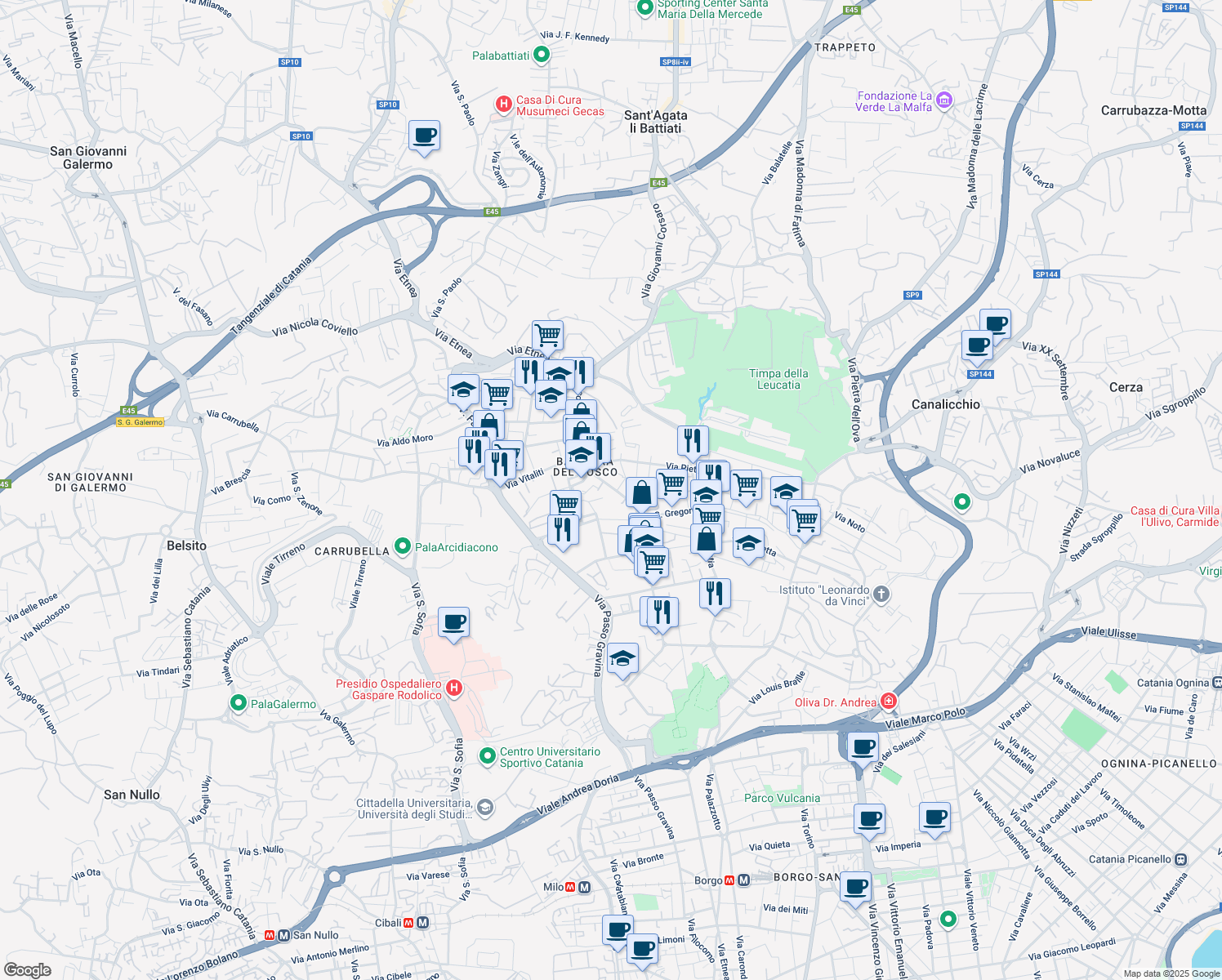 map of restaurants, bars, coffee shops, grocery stores, and more near 235 Via del Bosco in Catania