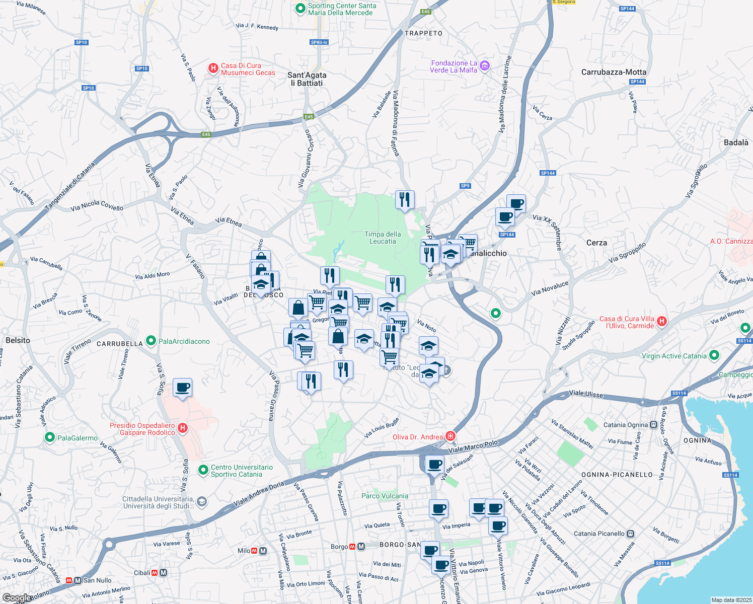 map of restaurants, bars, coffee shops, grocery stores, and more near 44 Via Puglia in Catania