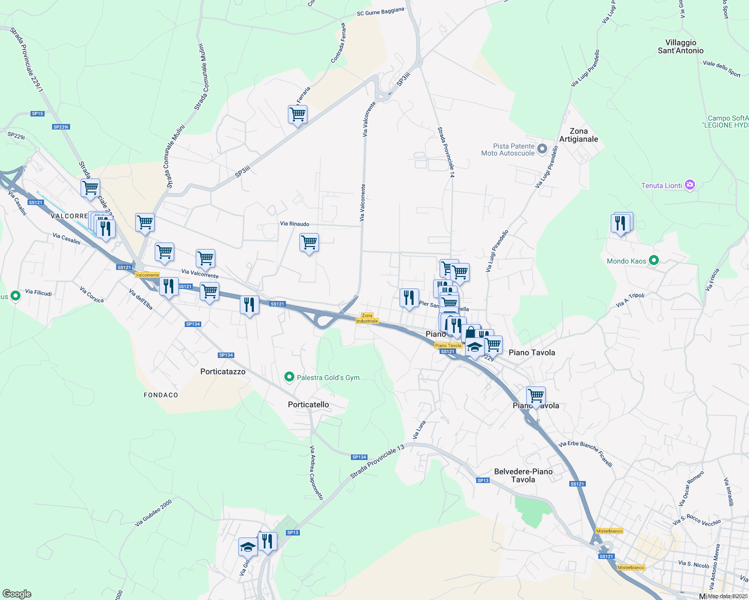 map of restaurants, bars, coffee shops, grocery stores, and more near 19 Via Giuseppe Fava in Piano Tavola