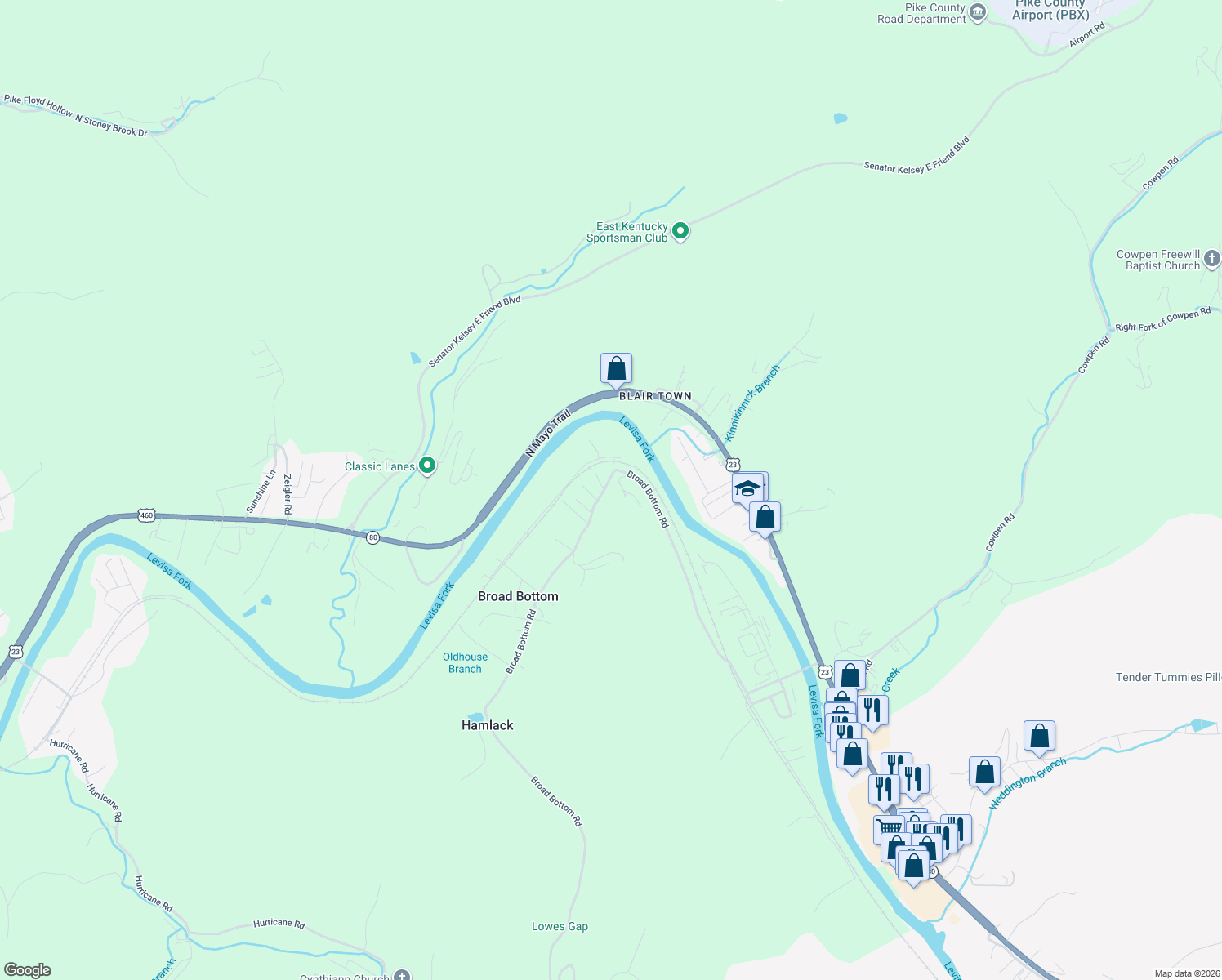 map of restaurants, bars, coffee shops, grocery stores, and more near 1055 Broad Bottom Road in Pikeville