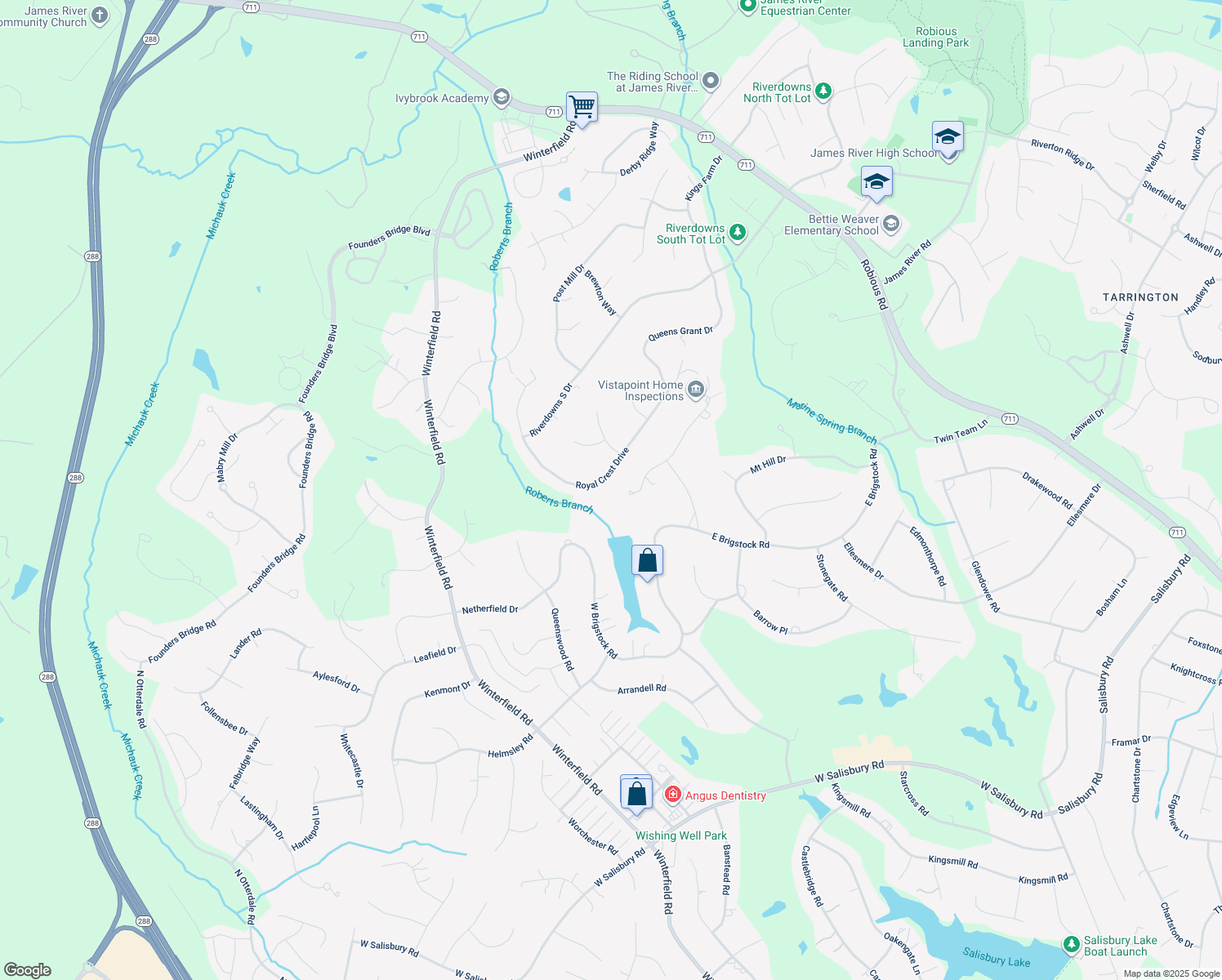 map of restaurants, bars, coffee shops, grocery stores, and more near 2767 Royal Crest Drive in Midlothian