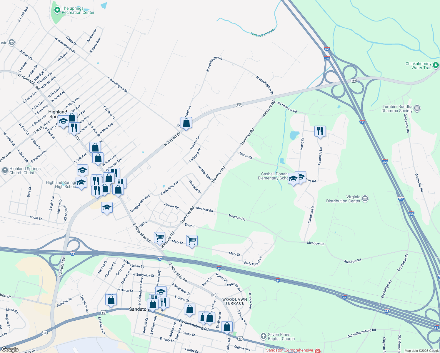 map of restaurants, bars, coffee shops, grocery stores, and more near 273 Hanover Road in Sandston