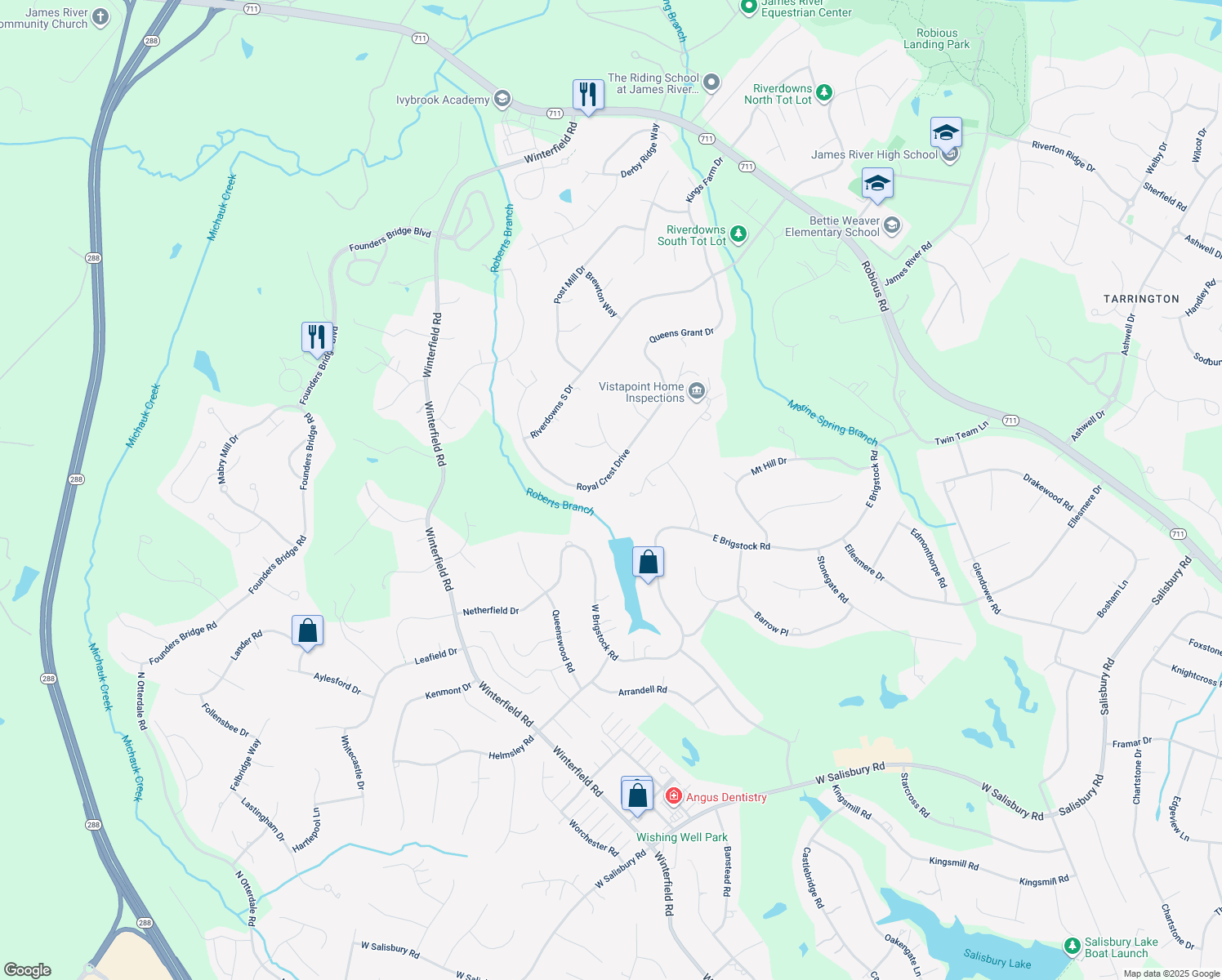 map of restaurants, bars, coffee shops, grocery stores, and more near 2767 Royal Crest Drive in Midlothian