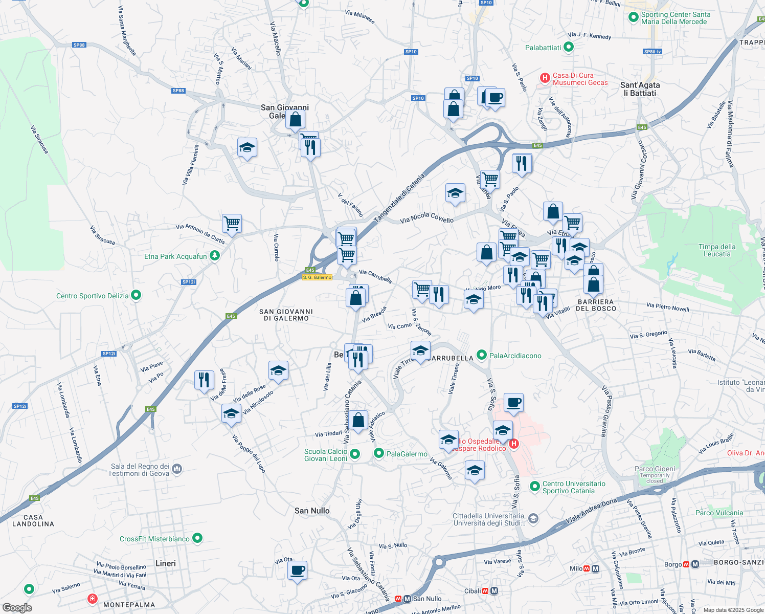 map of restaurants, bars, coffee shops, grocery stores, and more near 7 Via Brescia in Catania