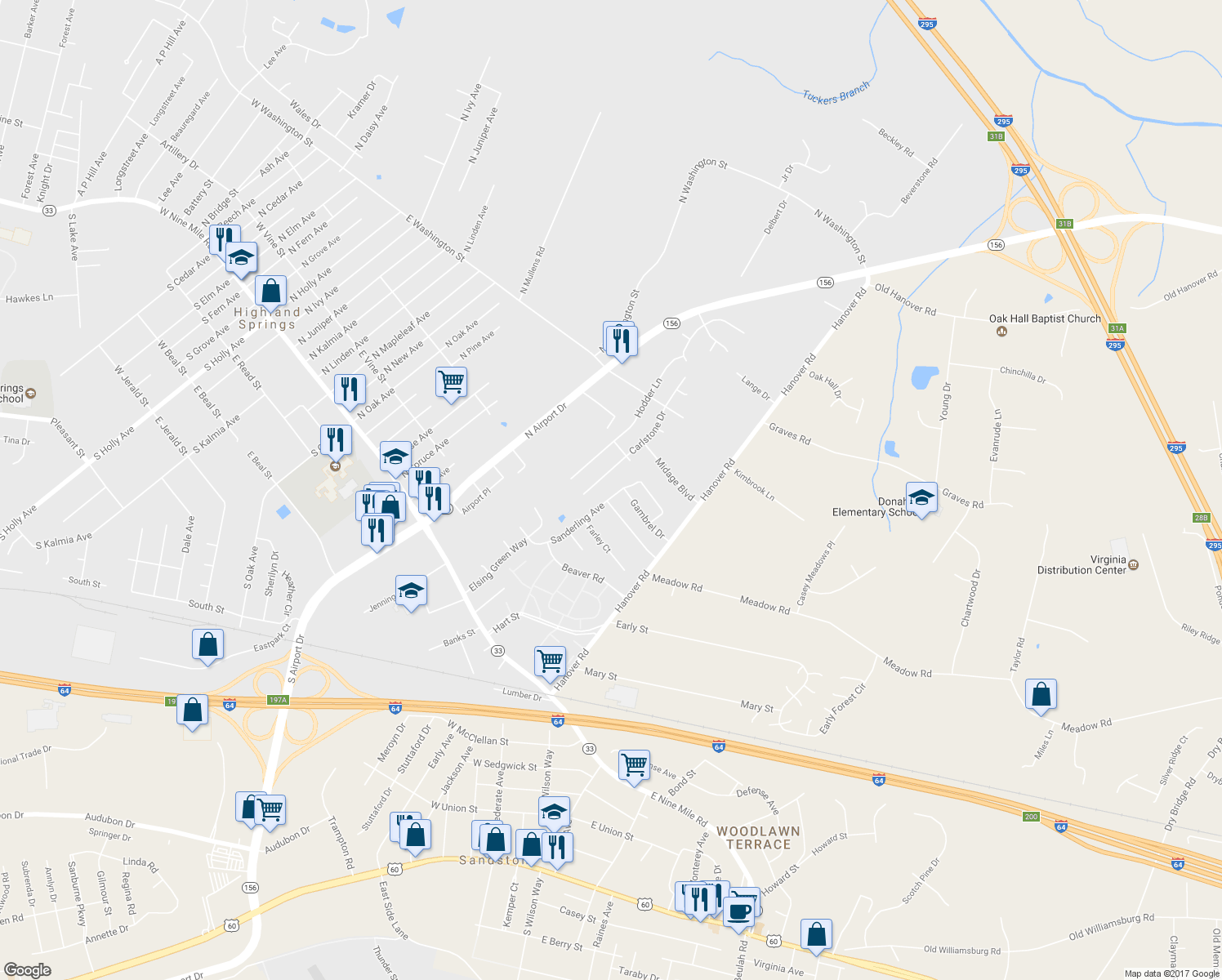 map of restaurants, bars, coffee shops, grocery stores, and more near 214 Sanderling Avenue in Sandston