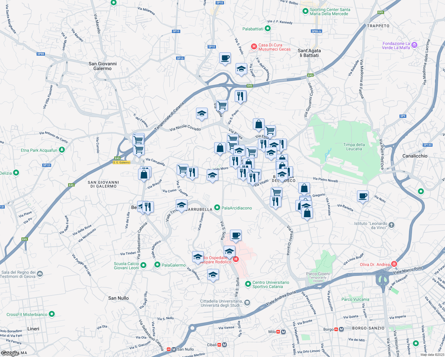 map of restaurants, bars, coffee shops, grocery stores, and more near 131 Via Carrubella in Gravina di Catania