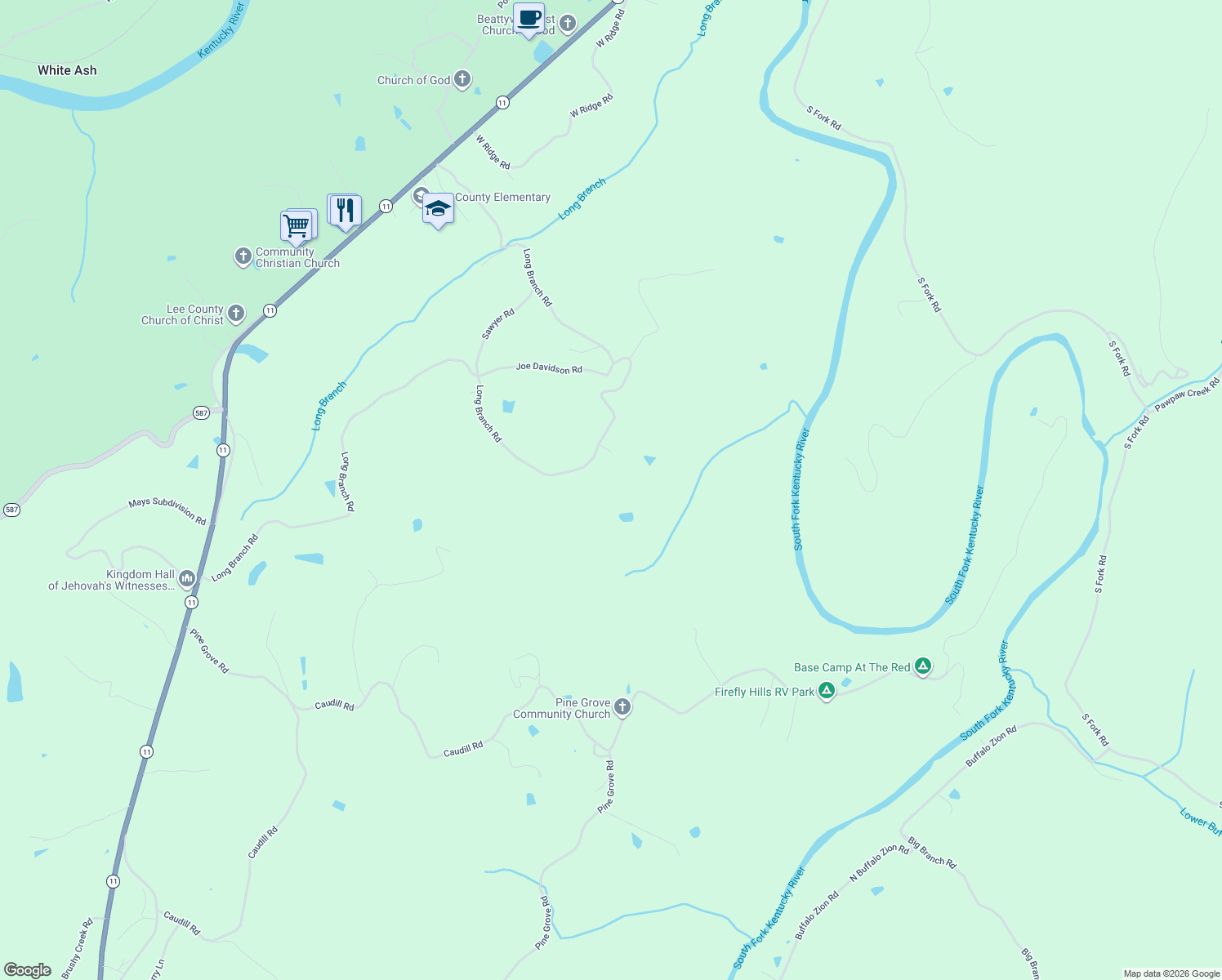 map of restaurants, bars, coffee shops, grocery stores, and more near Long Branch Road in Beattyville
