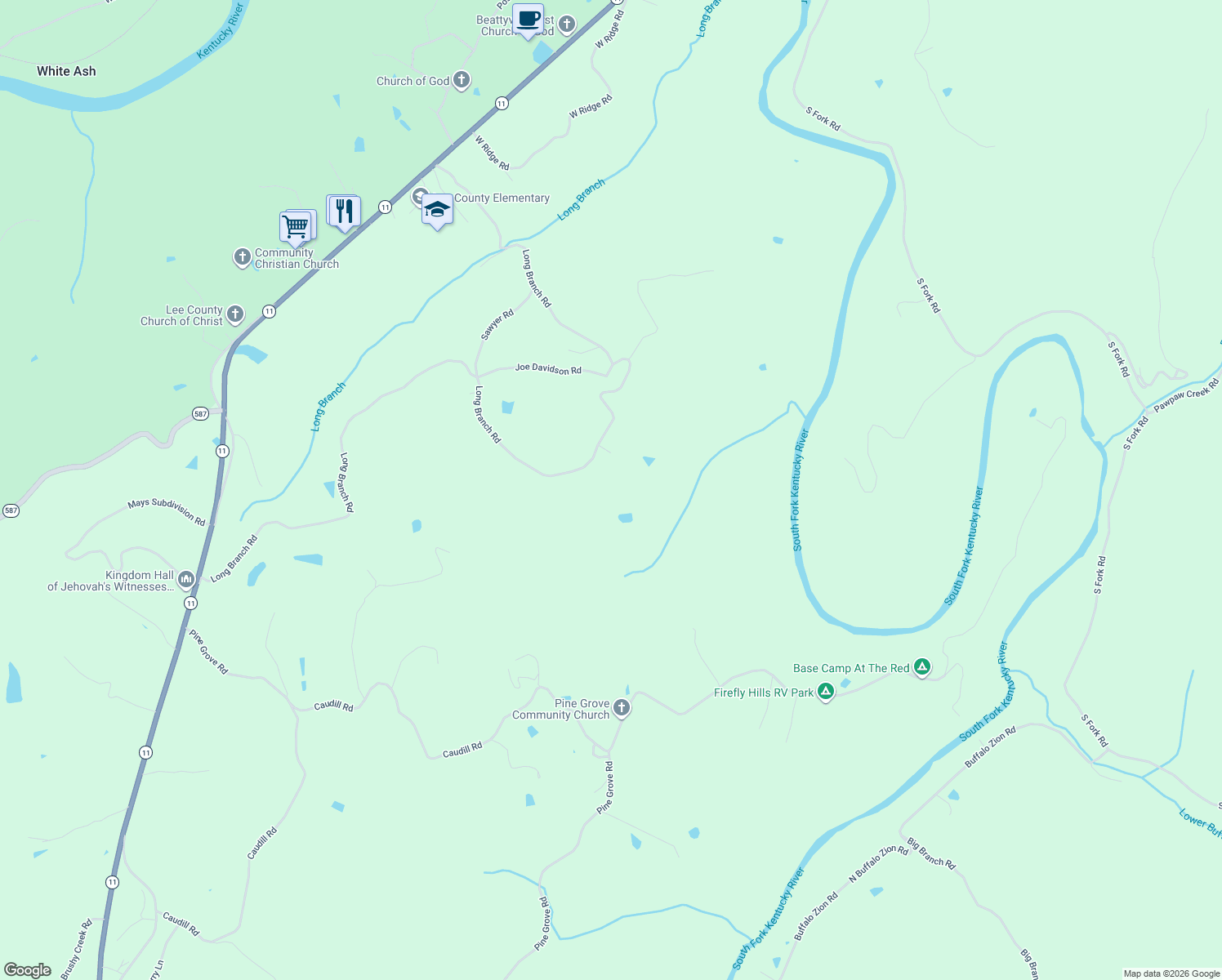 map of restaurants, bars, coffee shops, grocery stores, and more near Long Branch Road in Beattyville