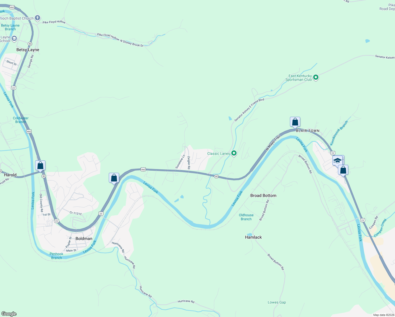 map of restaurants, bars, coffee shops, grocery stores, and more near 24 Cedar Heights in Pikeville