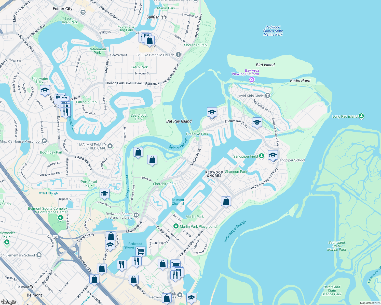 map of restaurants, bars, coffee shops, grocery stores, and more near 801 Marine Parkway in Redwood City