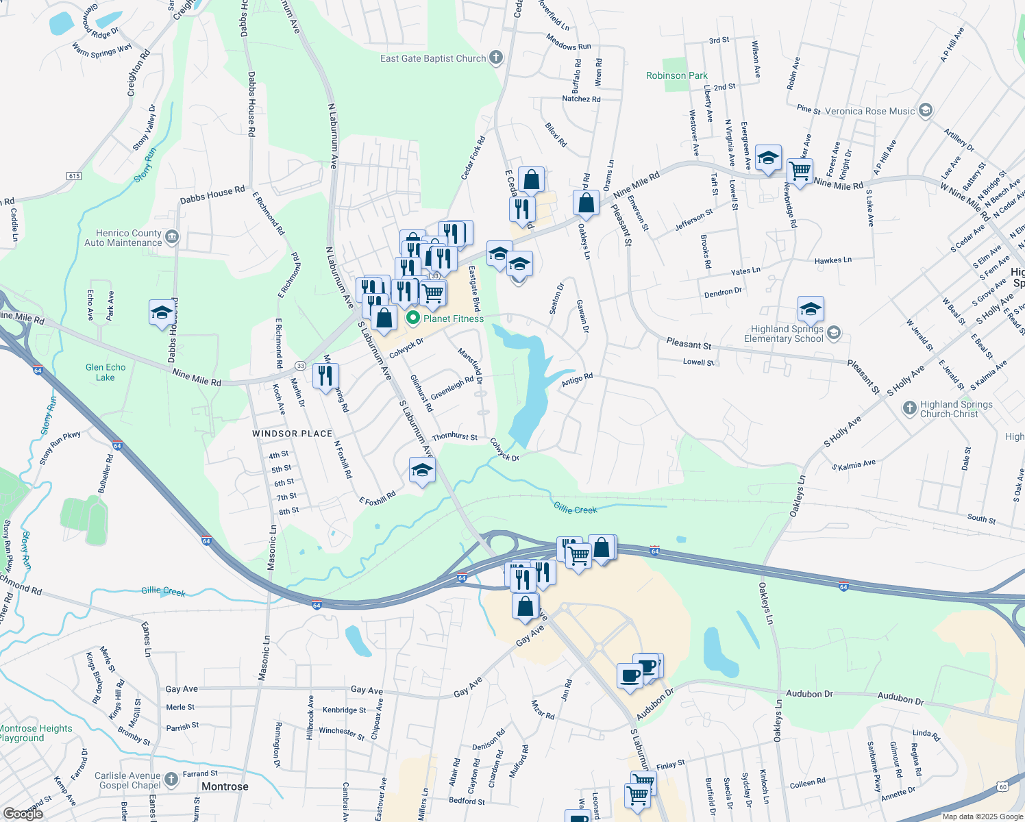 map of restaurants, bars, coffee shops, grocery stores, and more near 512 Mango Court in Richmond