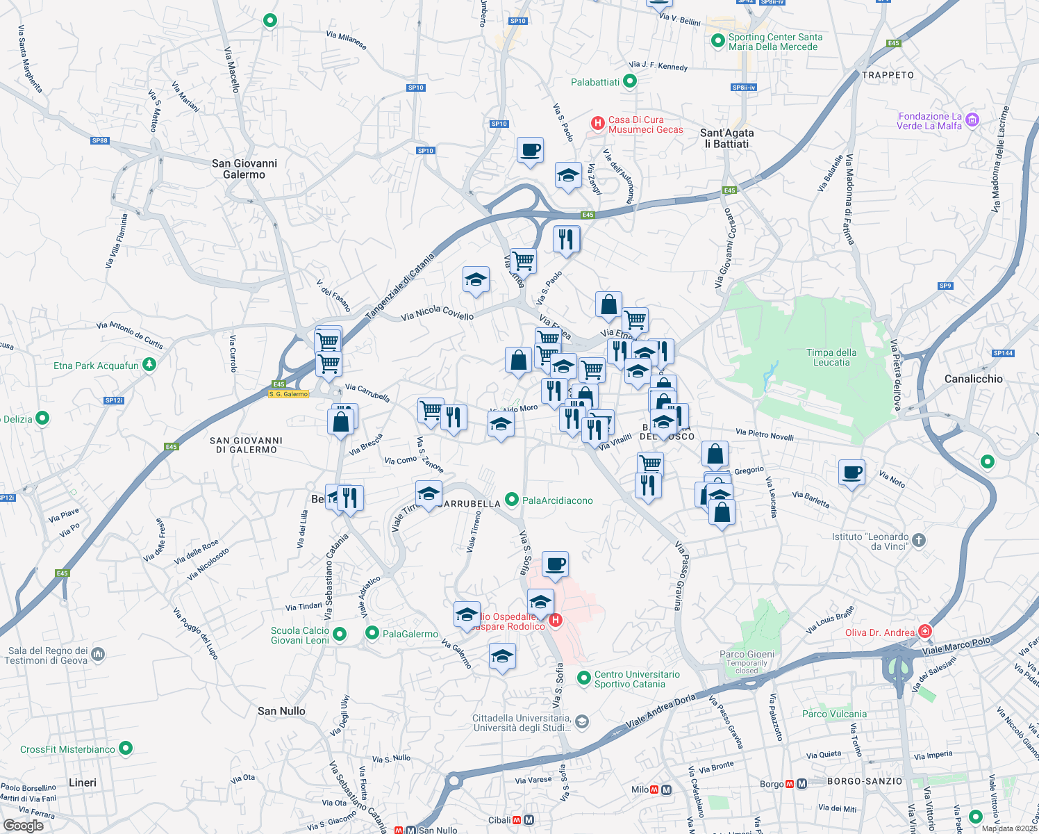 map of restaurants, bars, coffee shops, grocery stores, and more near 131 Via Carrubella in Gravina di Catania