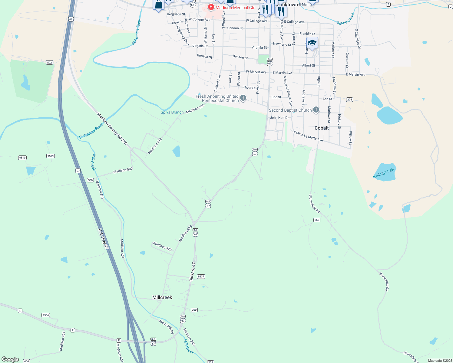 map of restaurants, bars, coffee shops, grocery stores, and more near 1658 Business Highway 67 in Fredericktown