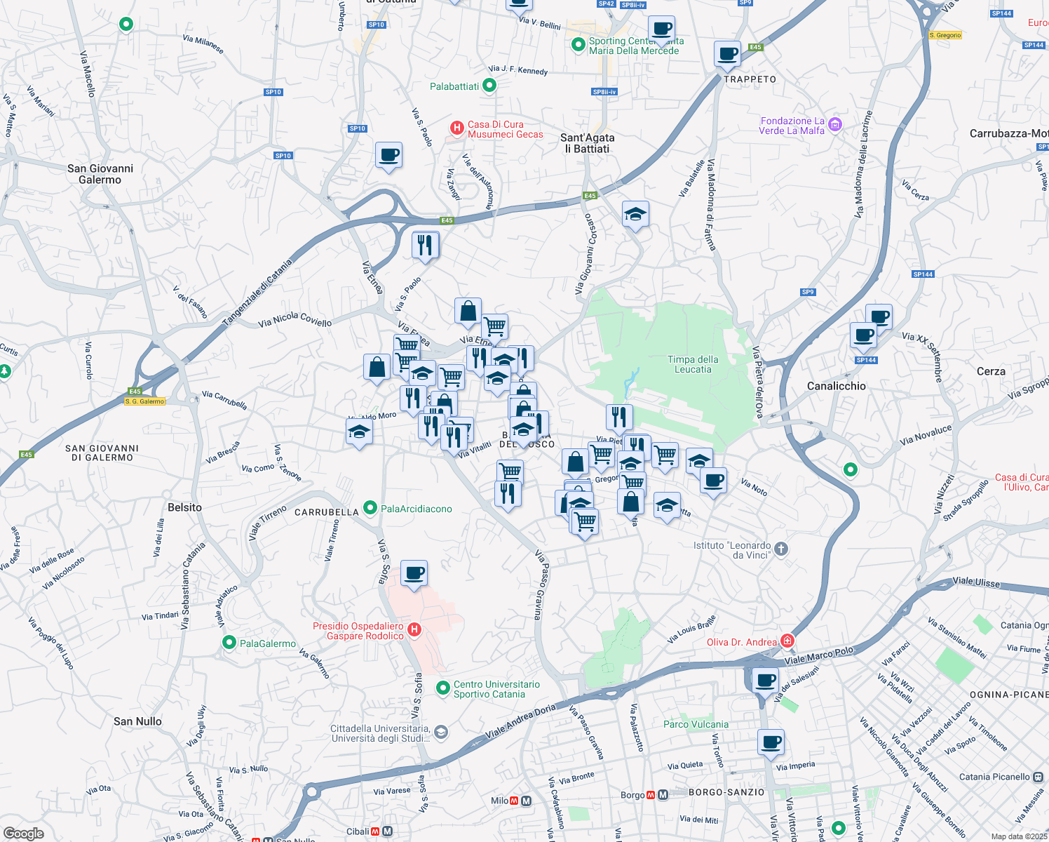 map of restaurants, bars, coffee shops, grocery stores, and more near 320 Via del Bosco in Catania