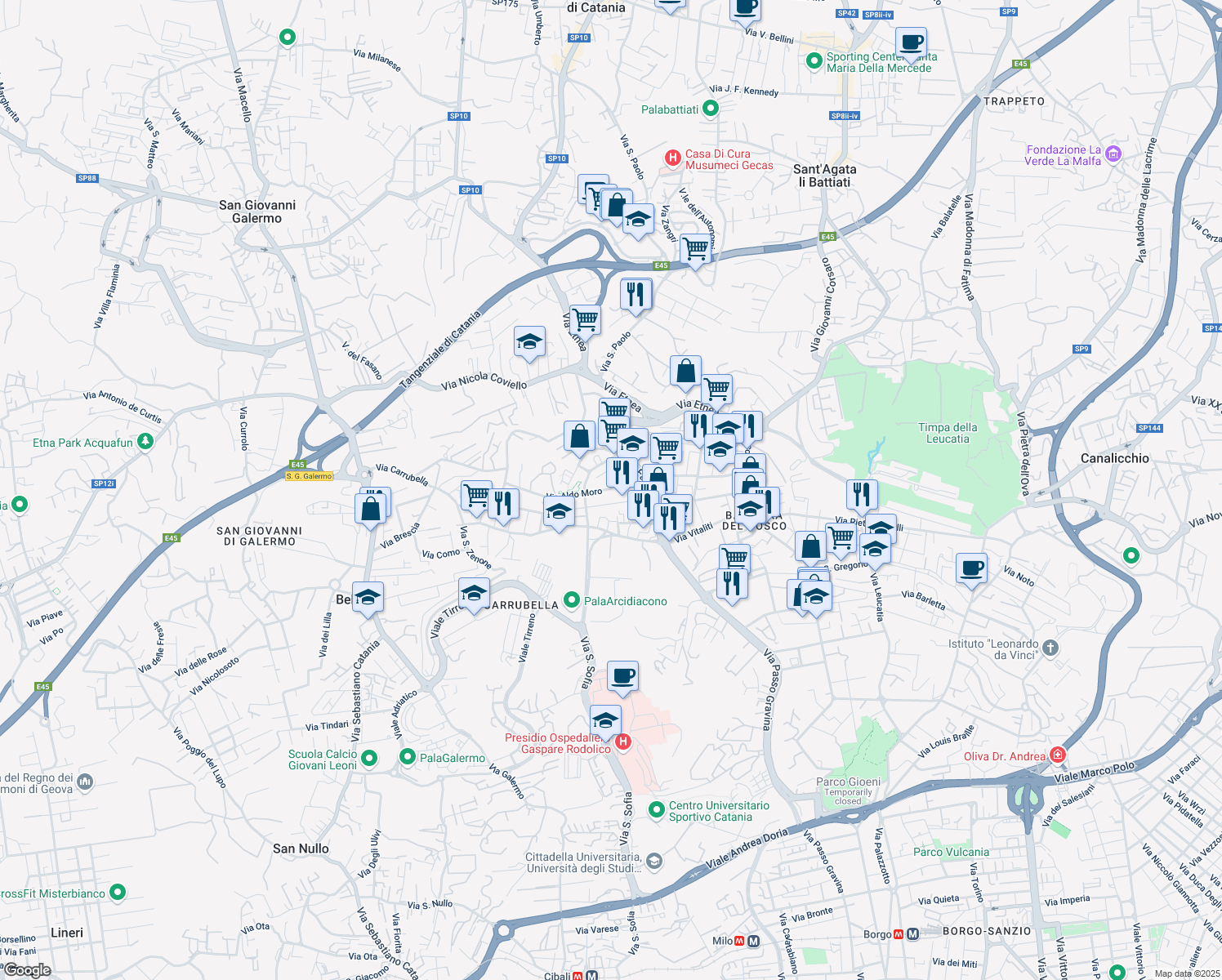 map of restaurants, bars, coffee shops, grocery stores, and more near 26 Via Madonna di Fatima in Gravina di Catania